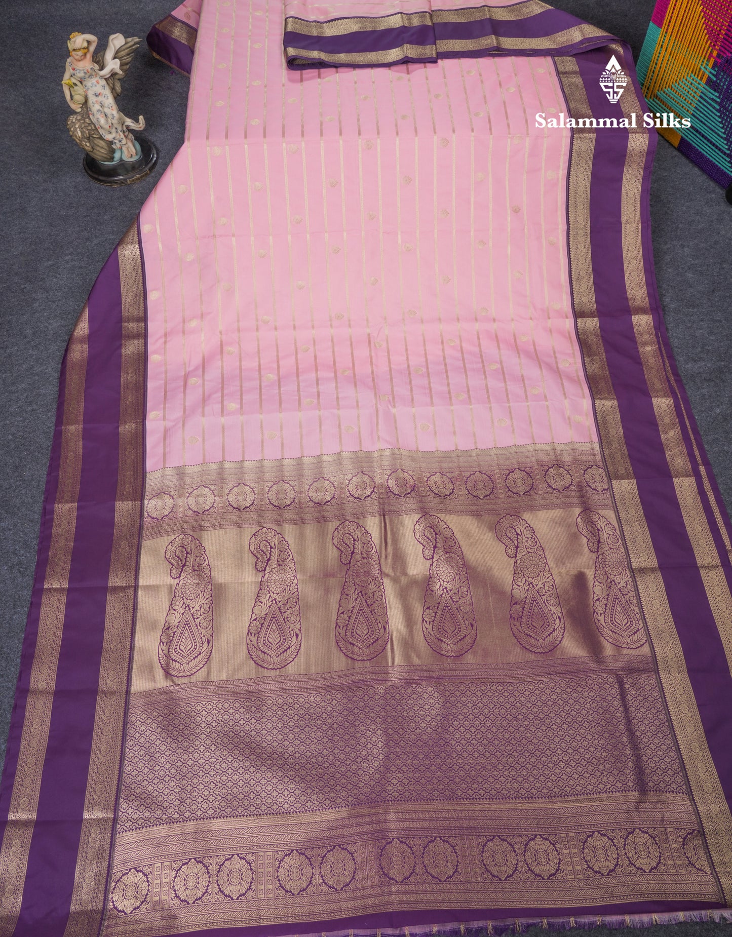 Baby Pink Semi Silk Saree With Contrast Dark Purple Traditional Rettapet Border