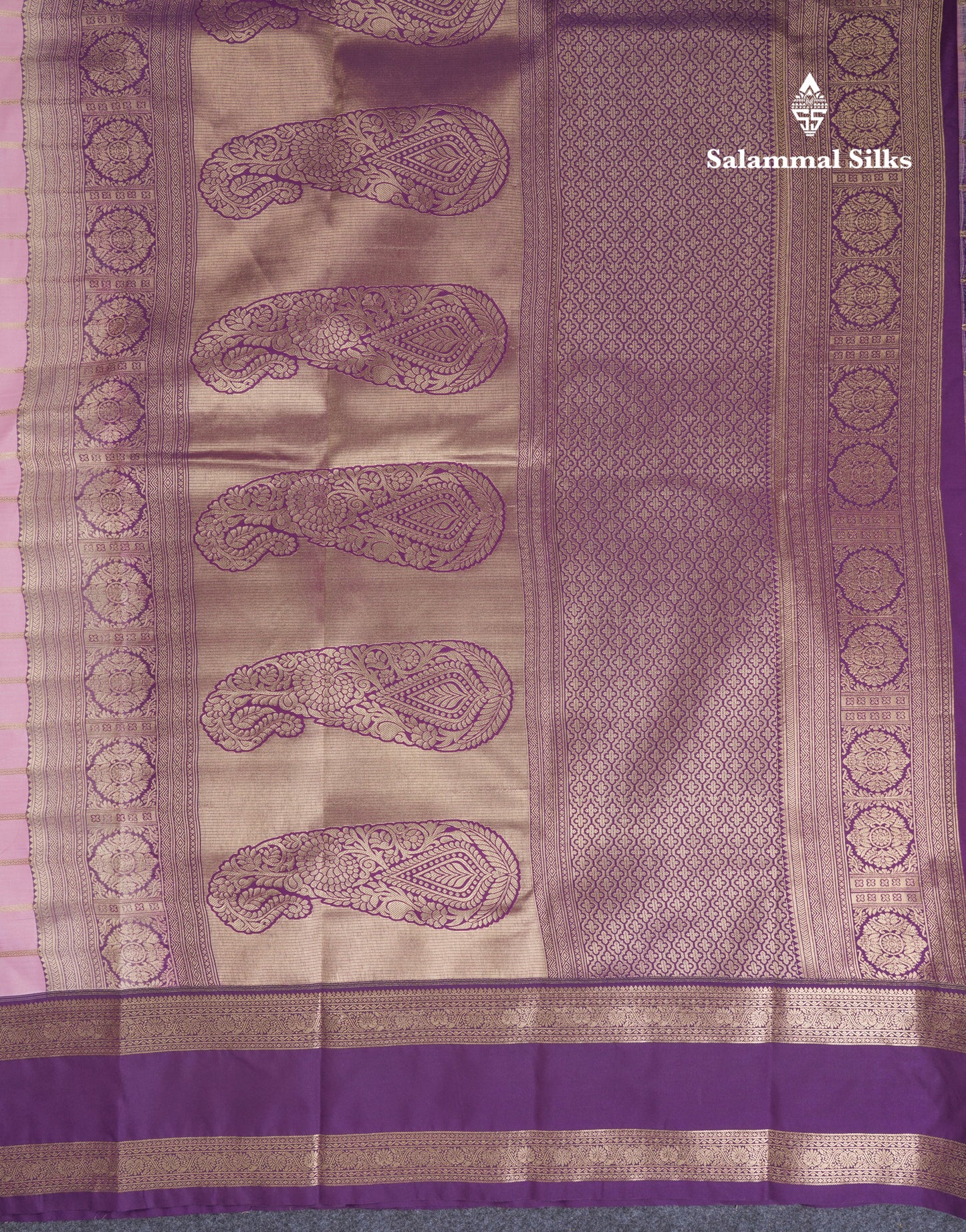 Baby Pink Semi Silk Saree With Contrast Dark Purple Traditional Rettapet Border