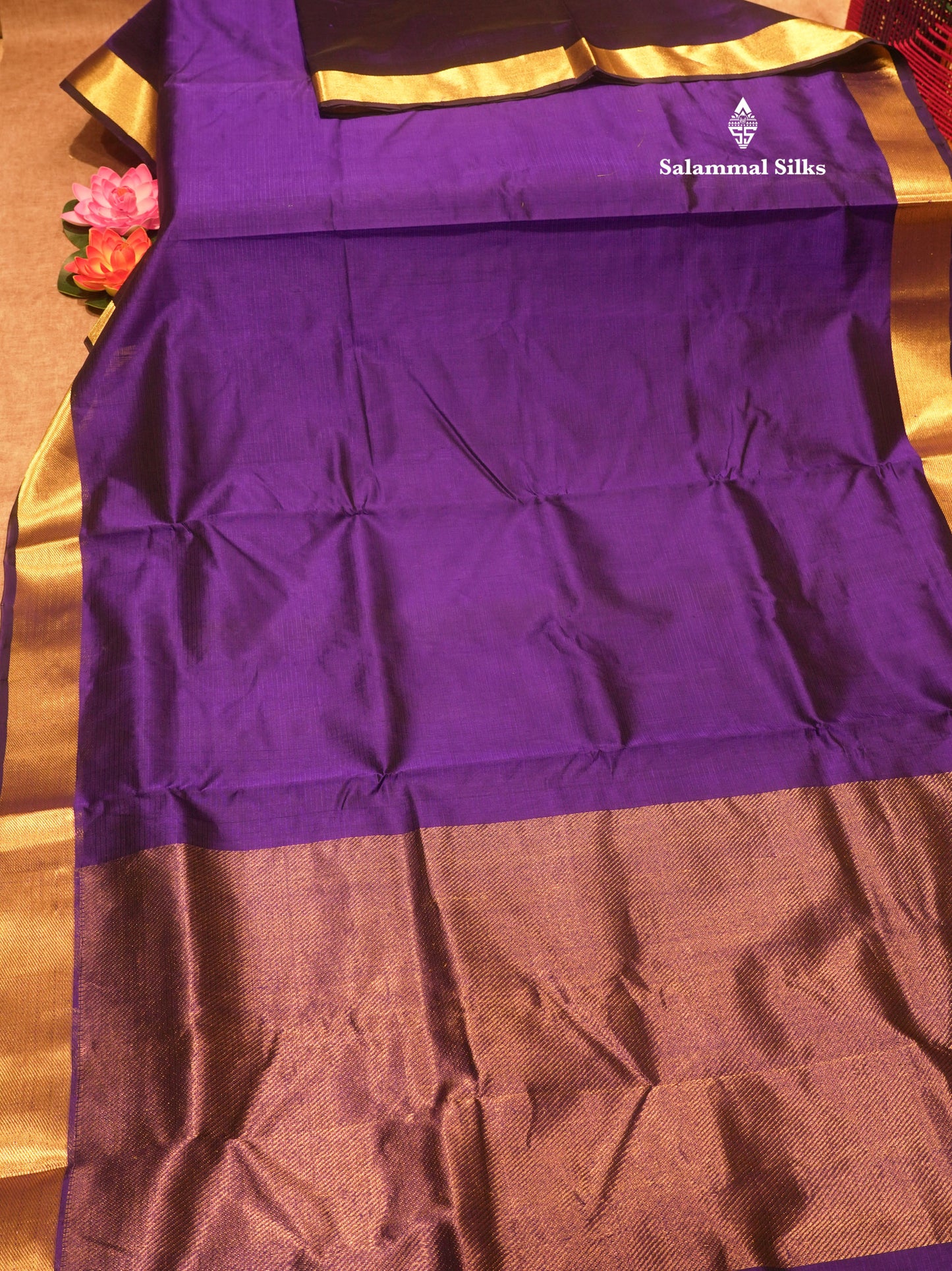 Violet Colour Pure Silk Cotton Saree With Gold Zari Border