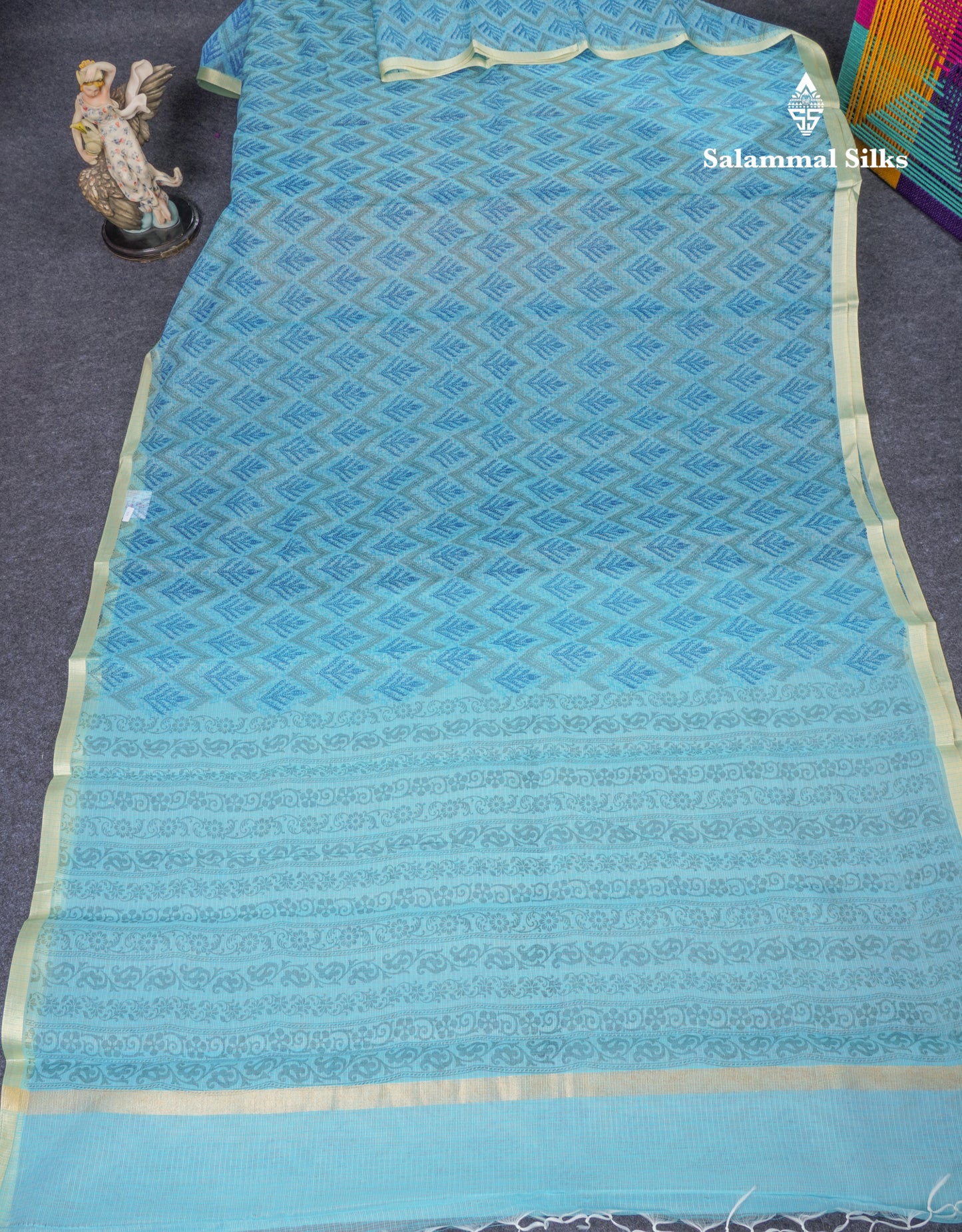 Sapphire Green Kota Cotton Saree With Small Ribbon Border