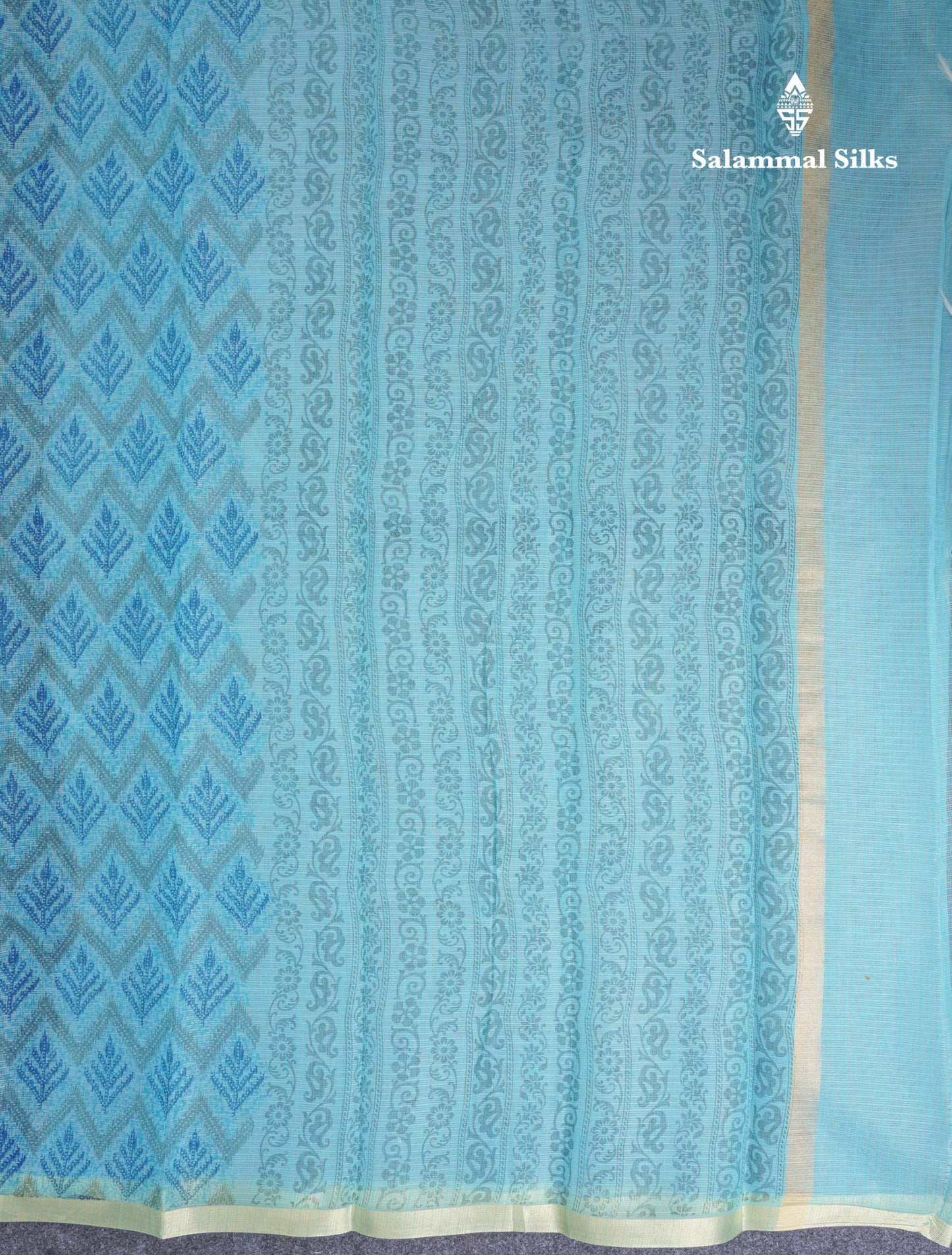 Sapphire Green Kota Cotton Saree With Small Ribbon Border