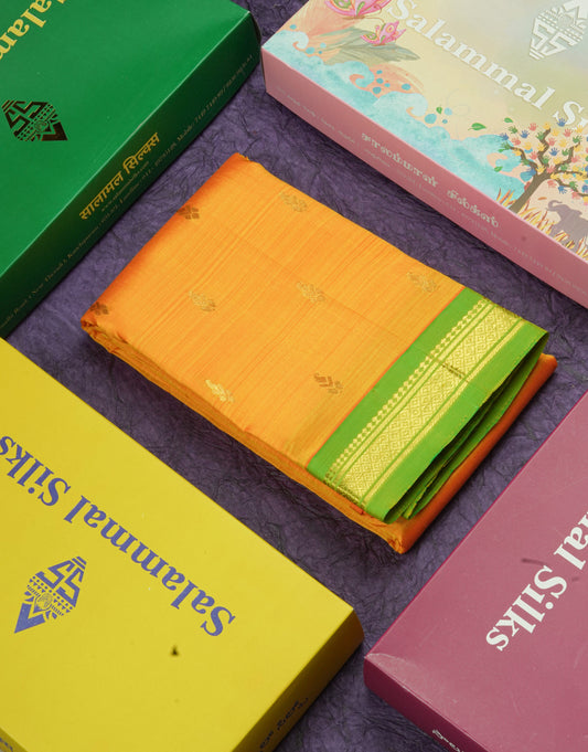 Mango Yellow Pure Kanjivaram Silk Saree With One Side Contrast Parrot Green Border