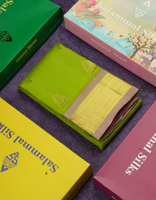 Pista Green Pure Kanjivaram Silk Saree With One Side Traditional Border