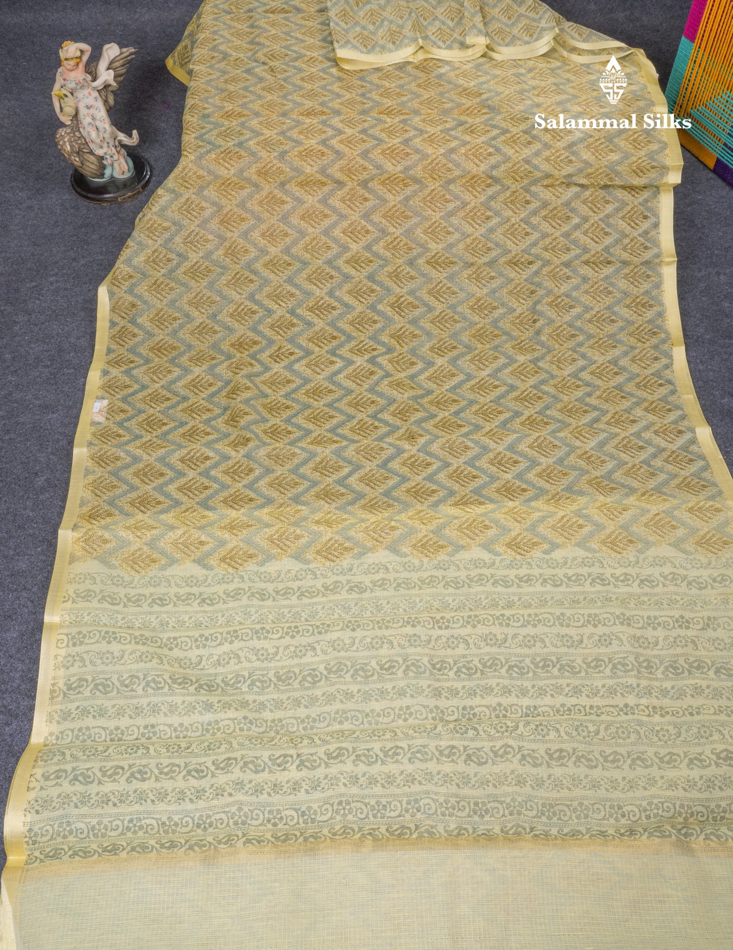 Sapphire Green Kota Cotton Saree With Small Ribbon Border