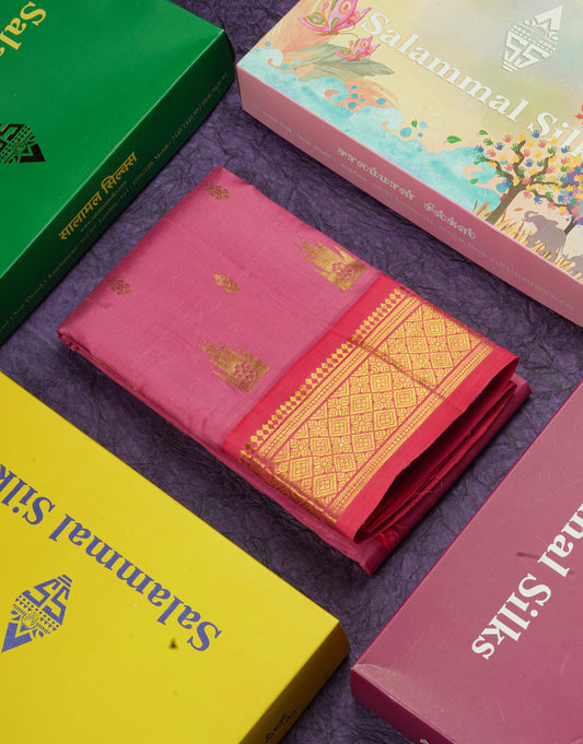 Onion Pink Pure Kanjivaram Silk Saree With One Side Contrast Tomato Red Border