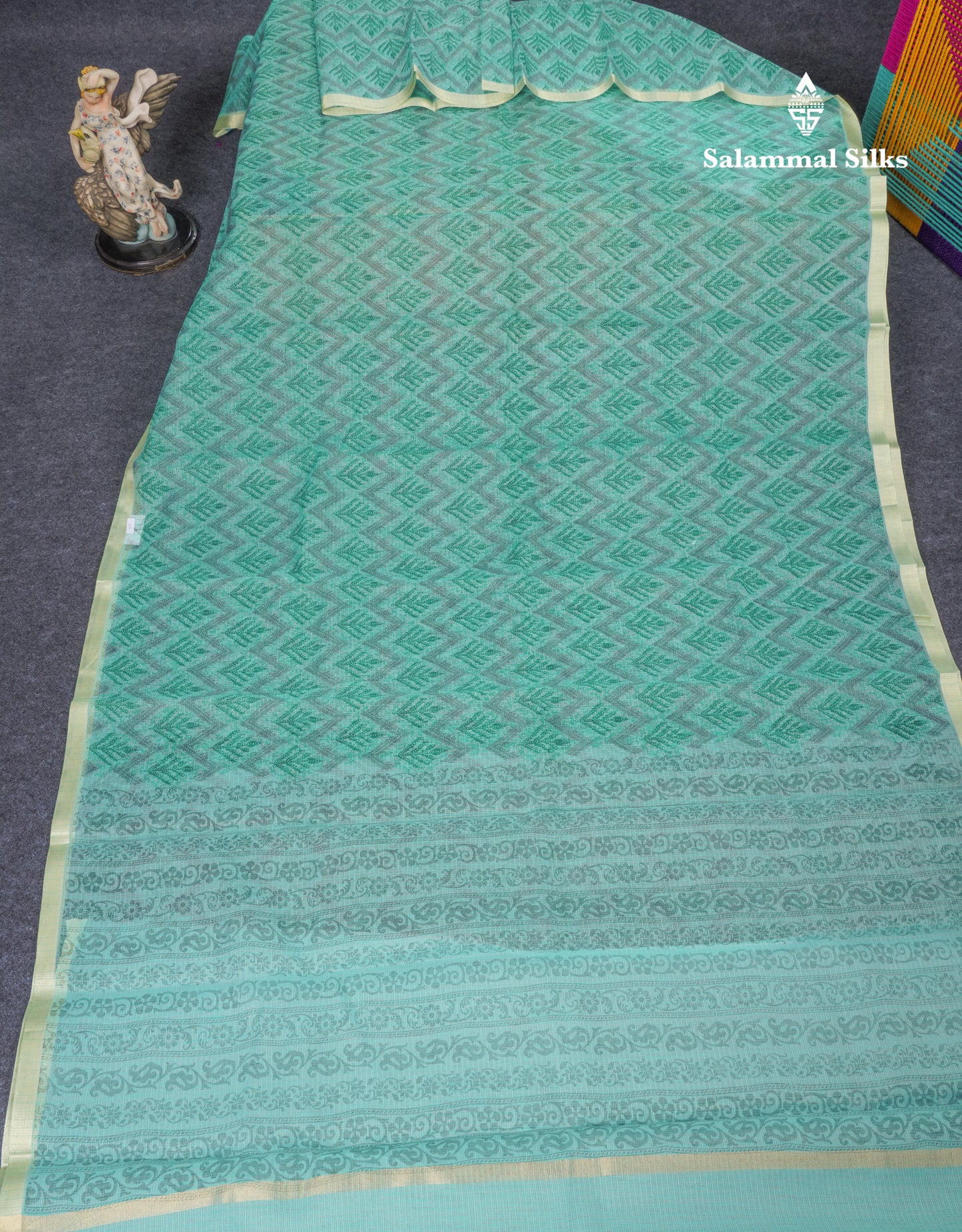 Sapphire Green Kota Cotton Saree With Small Ribbon Border