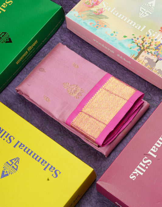 Light Pink Pure Kanjivaram Silk Saree With One Side Contrast Magenta Pink Border