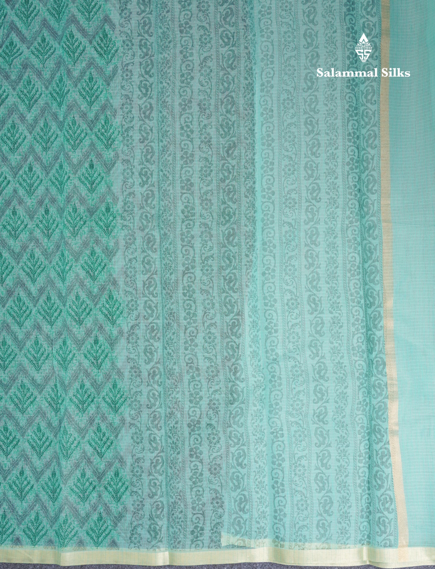 Sapphire Green Kota Cotton Saree With Small Ribbon Border