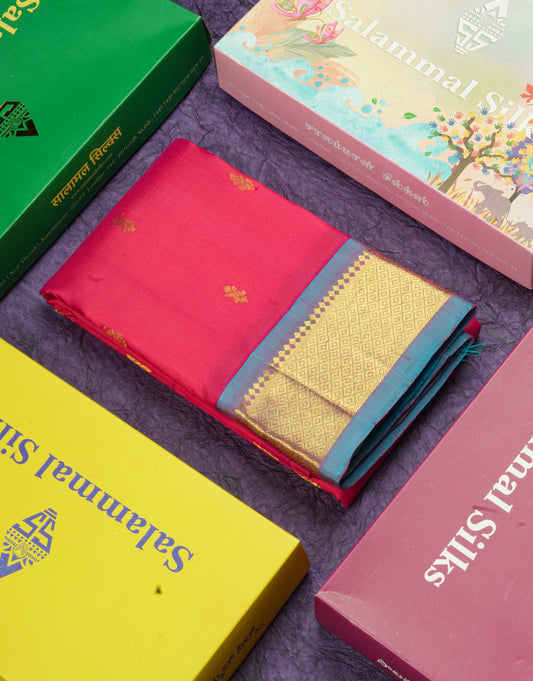 Pink Pure Kanjivaram Silk Saree With One Side Contrast Rama Blue Border