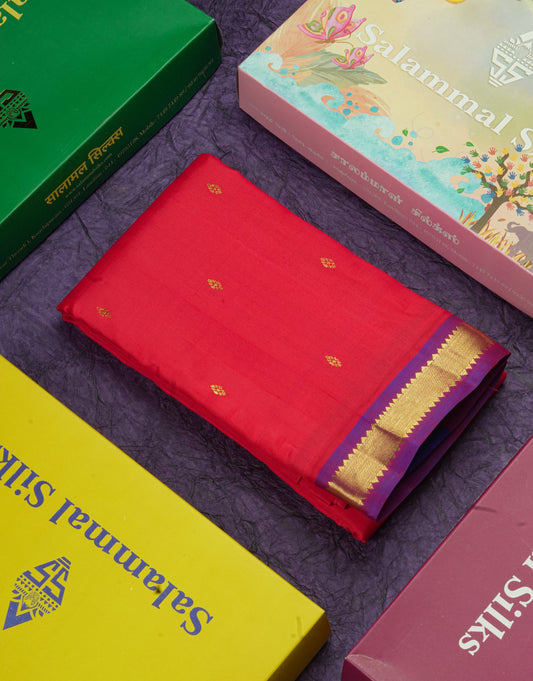 Chilly Red Pure Kanjivaram Silk Saree With Small One Side Contrast Purple Border