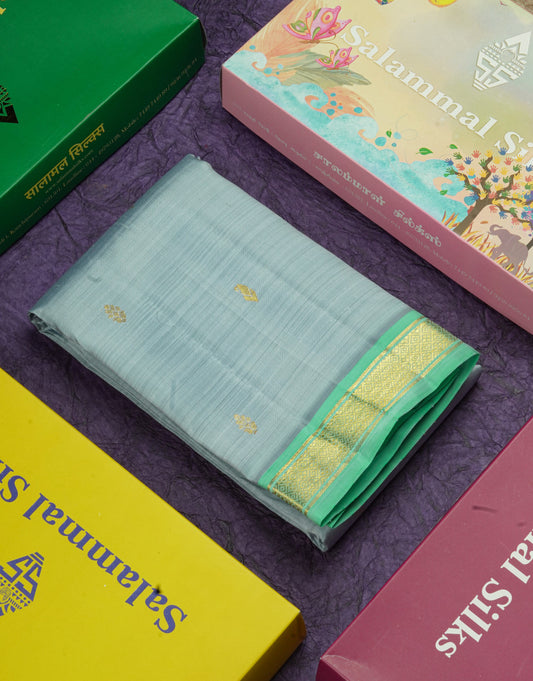 Blueish Grey Pure Kanjivaram Silk Saree With Small One Side Contrast Rexona Border