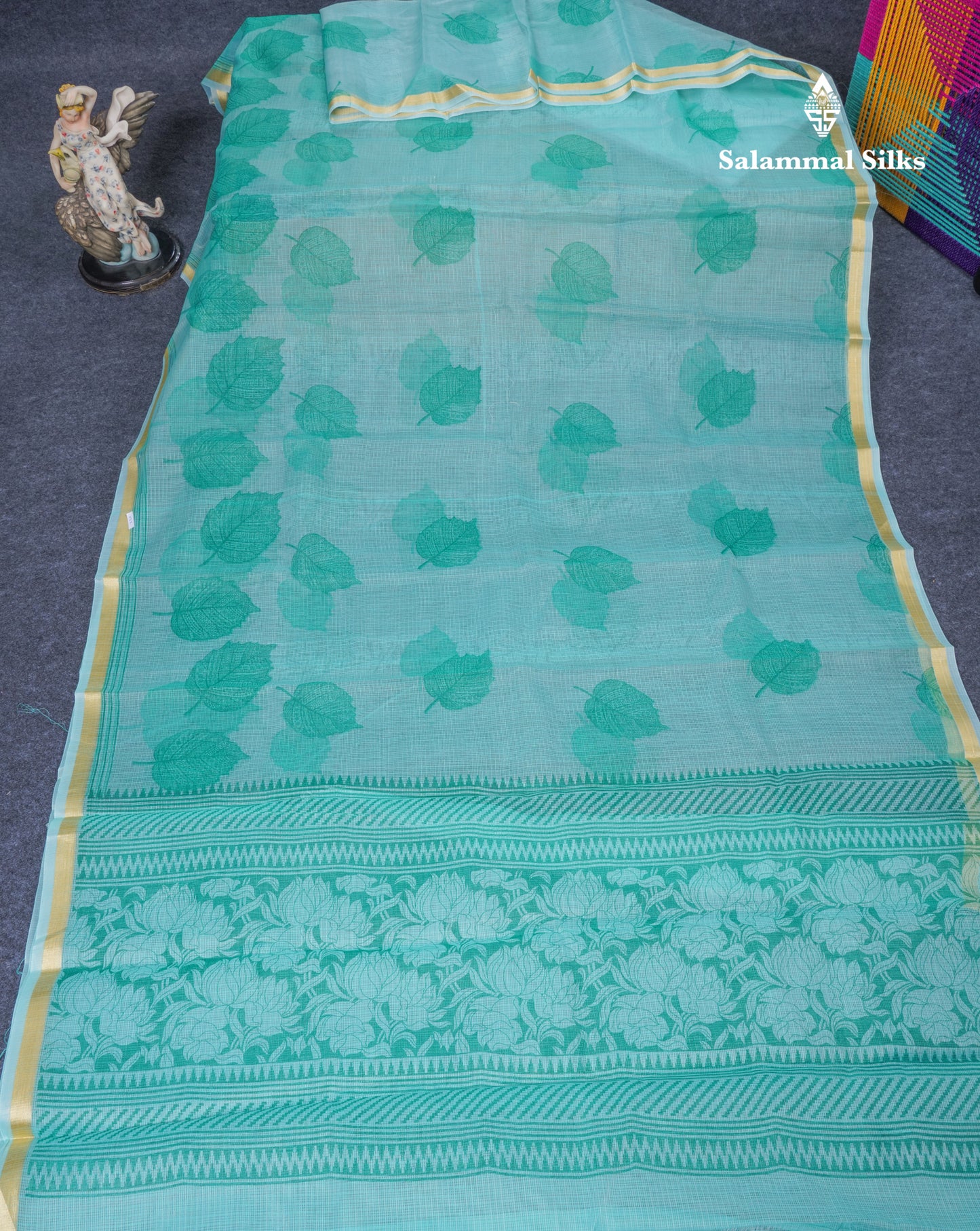 Sapphire Green Kota Cotton Saree With Small Ribbon Border
