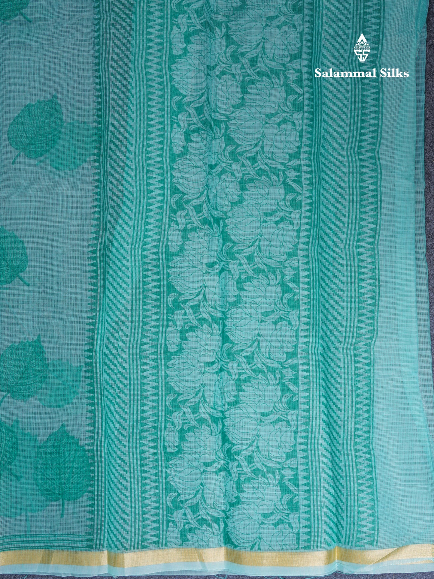 Sapphire Green Kota Cotton Saree With Small Ribbon Border