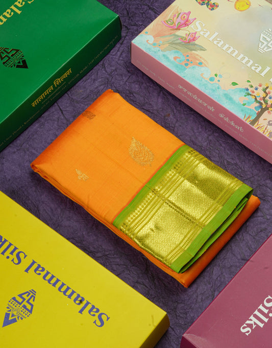 Mango Yellow Pure Kanjivaram Silk Saree With One Side Contrast Green Border