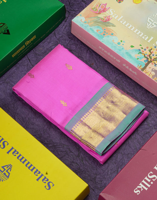 Pink Pure Kanjivaram Silk Saree With One Side Contrast Light Rexona Border