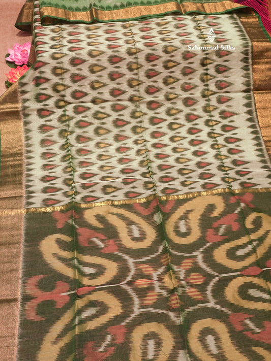 Premium Light Green Colour Pochampalli SICO Cotton Saree With Gold Zari Border
