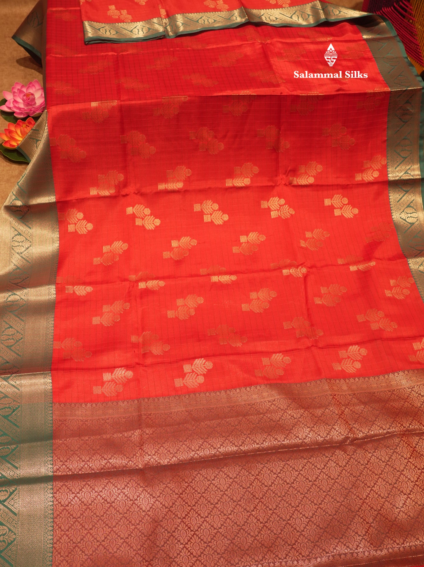 Chilly Red Colour Semi Silk Saree With Contrast Peacock Green Border