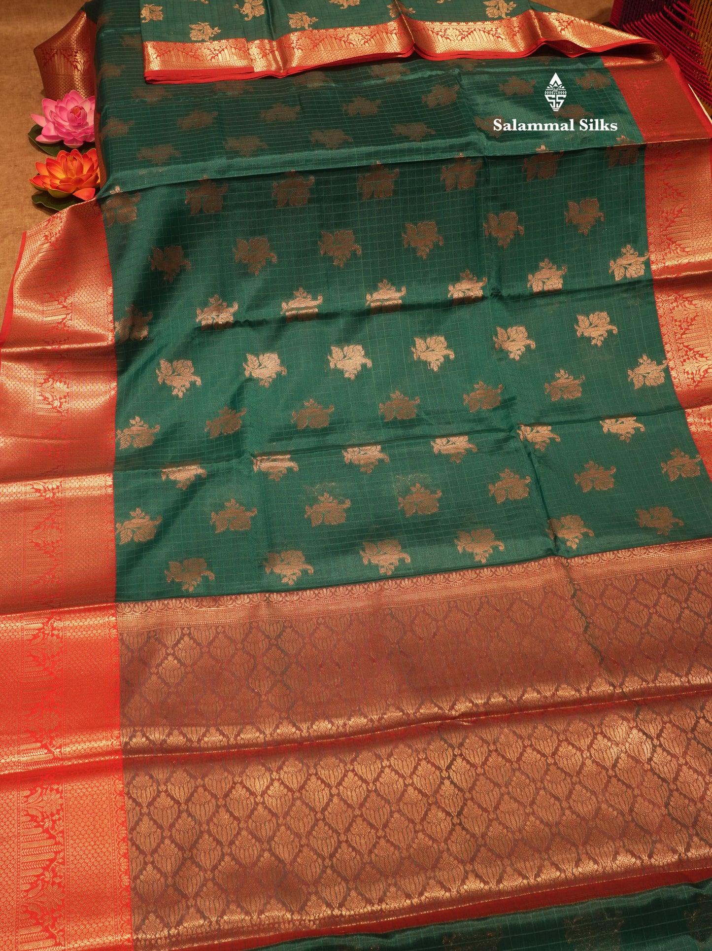 Peacock Green Colour Small Checks Semi Silk Saree With Contrast Chilly Red Border