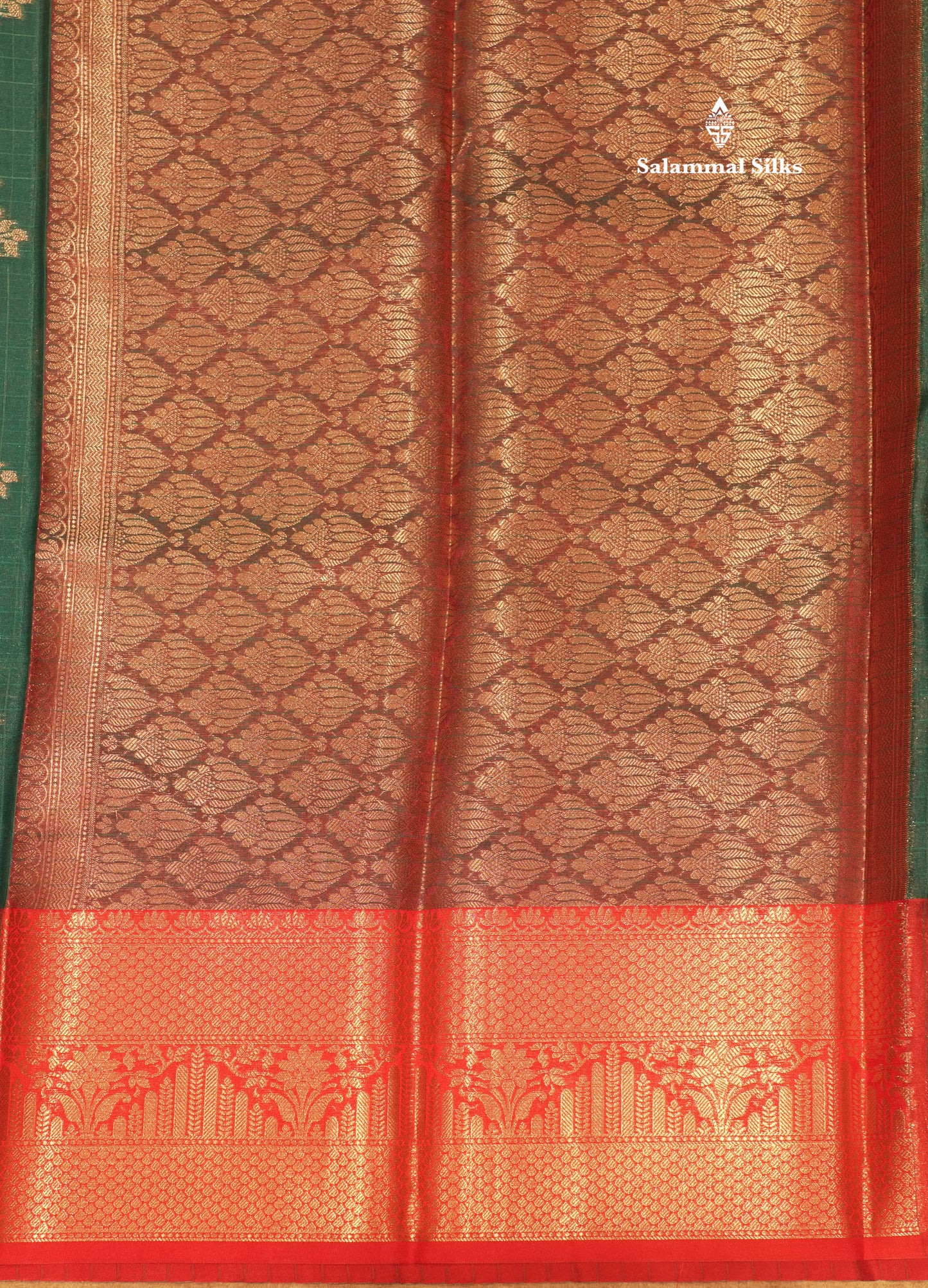 Peacock Green Colour Small Checks Semi Silk Saree With Contrast Chilly Red Border