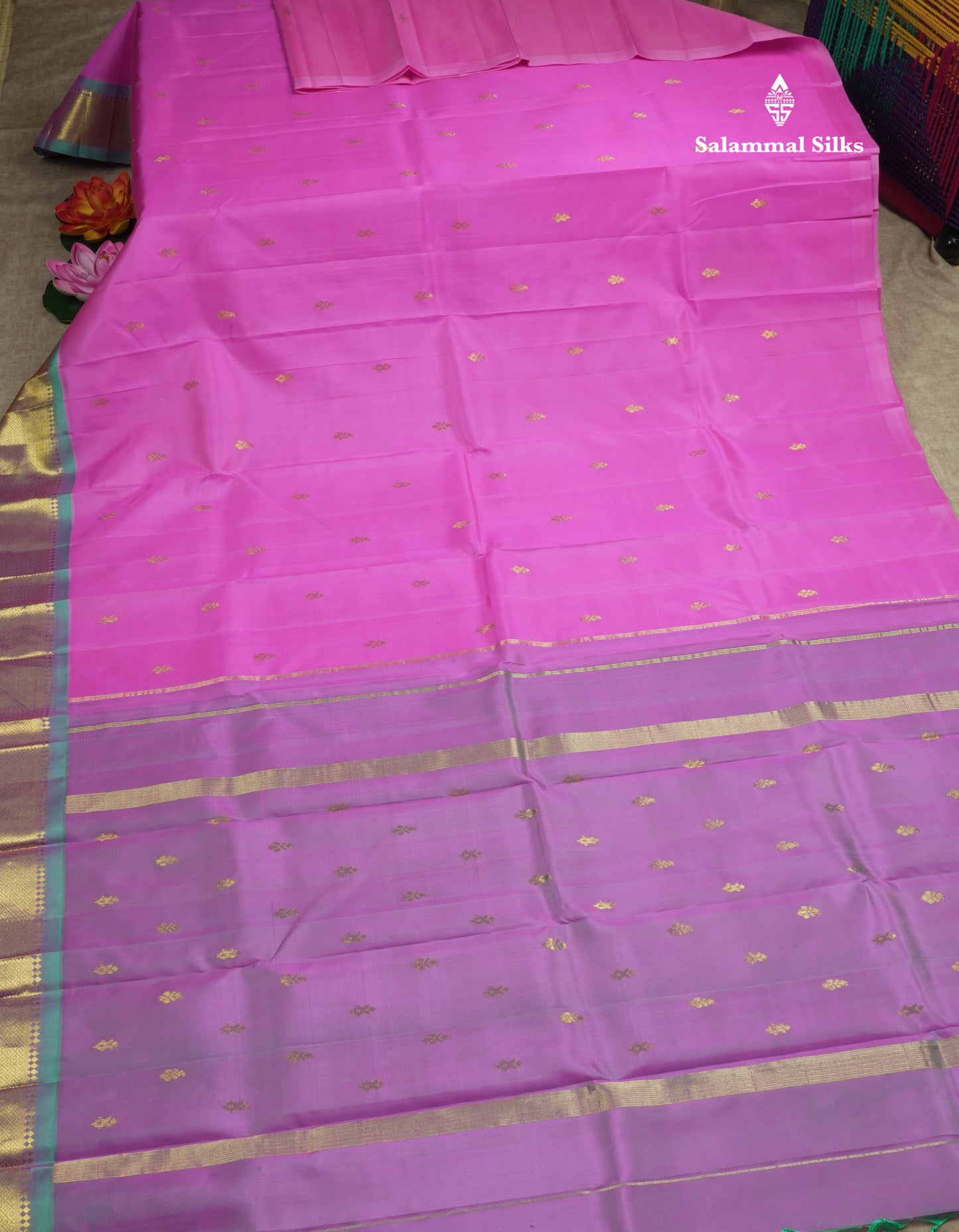 Pink Pure Kanjivaram Silk Saree With One Side Contrast Light Rexona Border