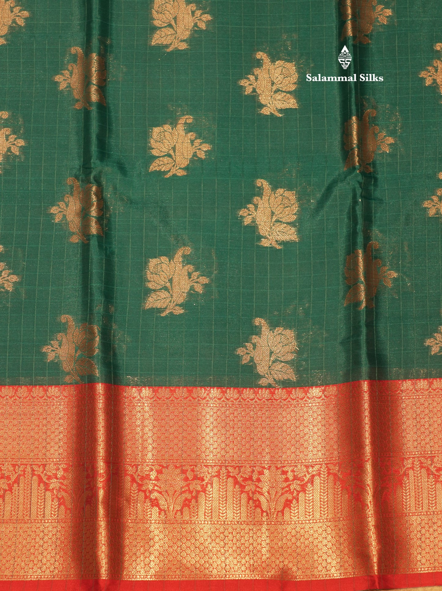 Peacock Green Colour Small Checks Semi Silk Saree With Contrast Chilly Red Border