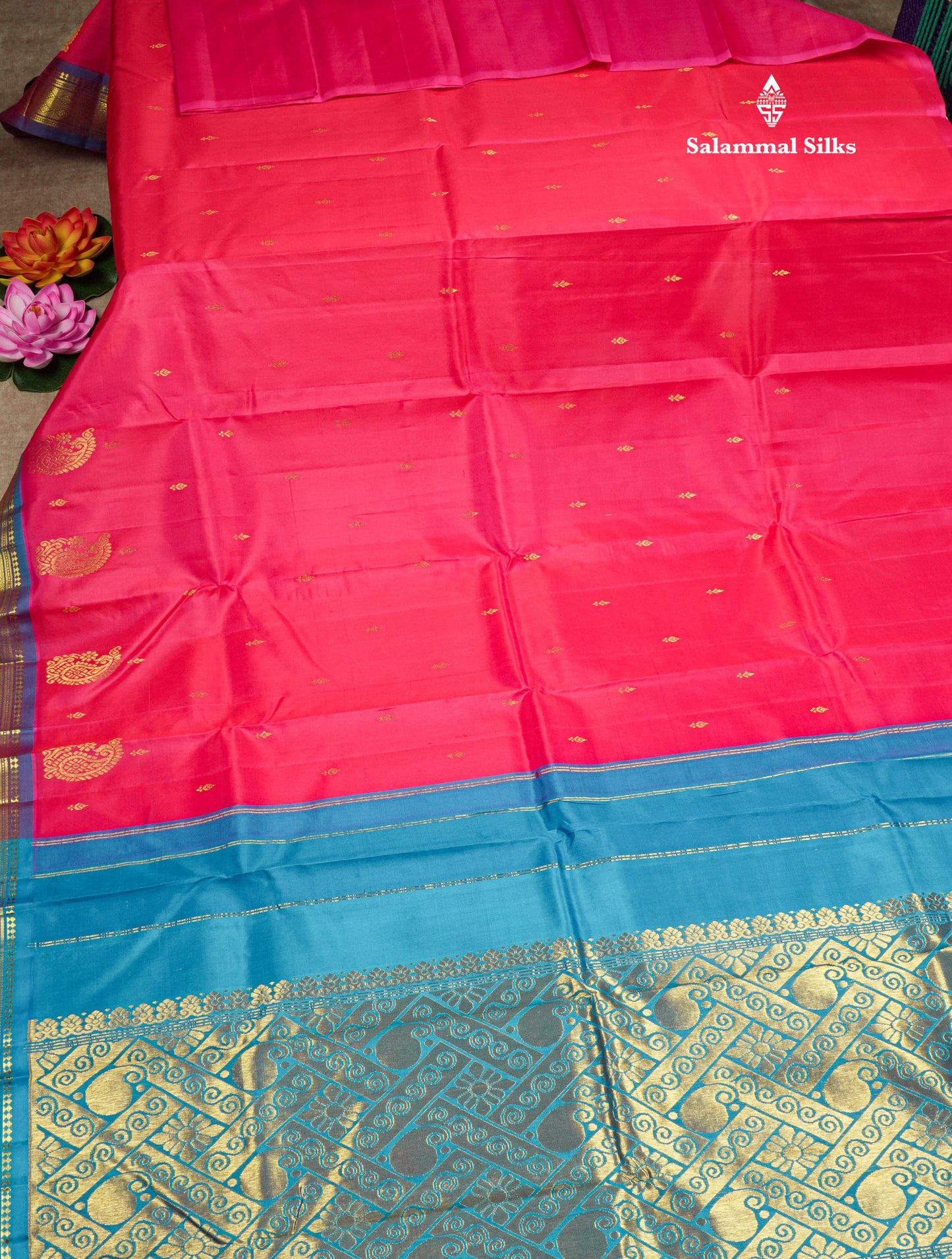 Reddish Pink Pure Kanjivaram Silk Saree With One Side Contrast Blue Border