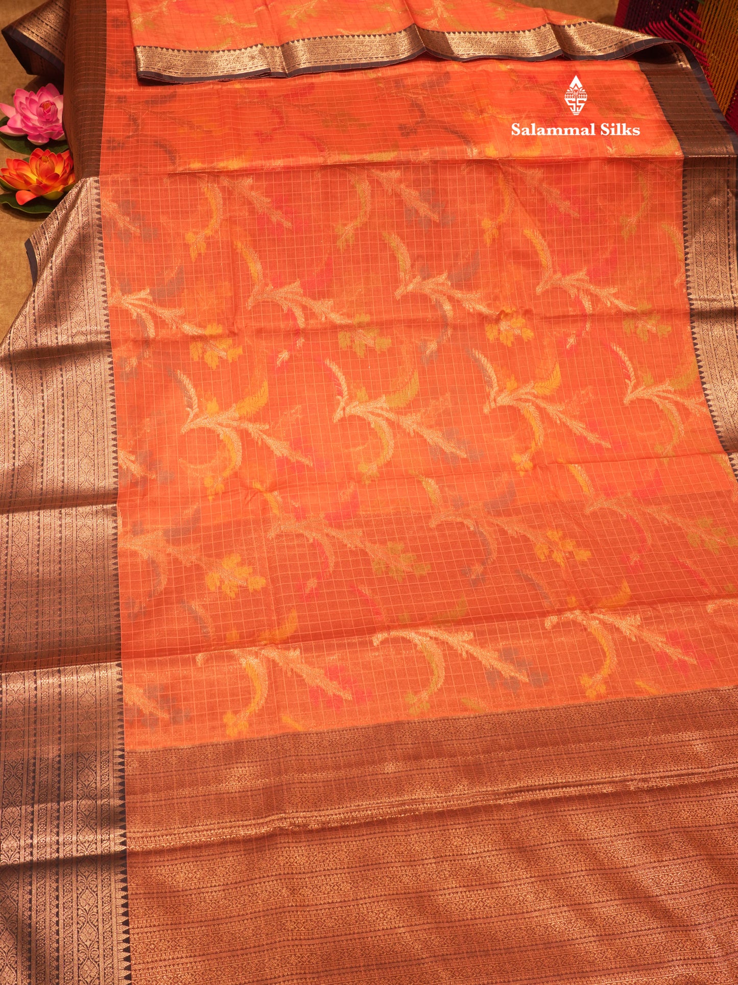 Peach Colour Small Checks Semi Silk Saree With Contrast Blue Shade Border