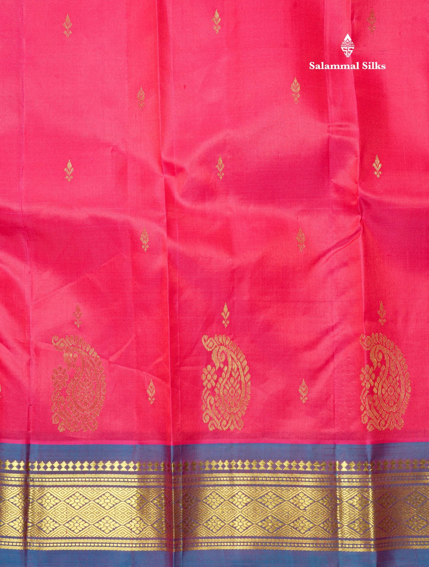 Reddish Pink Pure Kanjivaram Silk Saree With One Side Contrast Blue Border