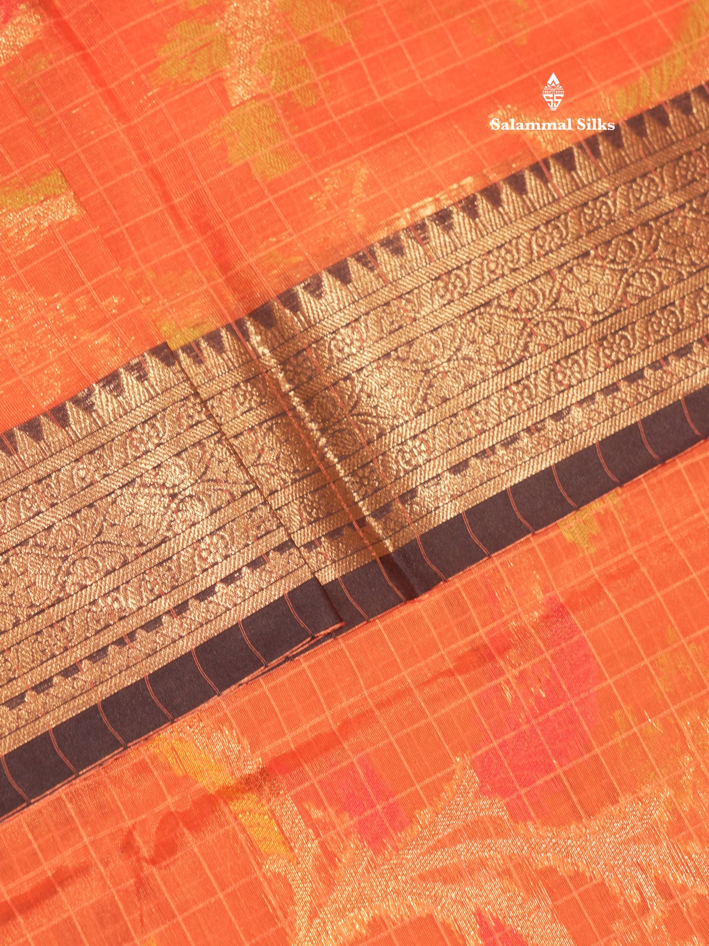 Peach Colour Small Checks Semi Silk Saree With Contrast Blue Shade Border