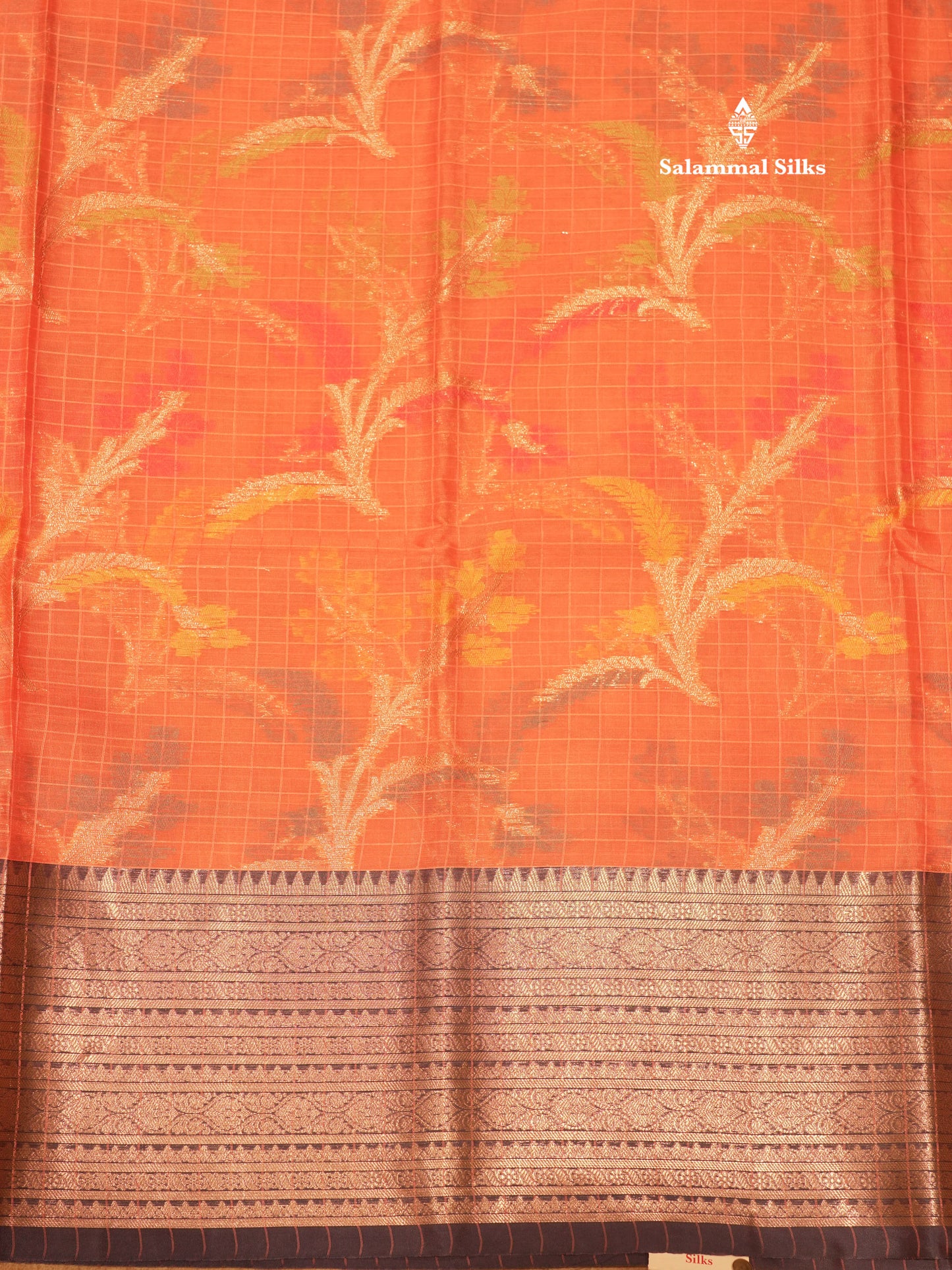 Peach Colour Small Checks Semi Silk Saree With Contrast Blue Shade Border