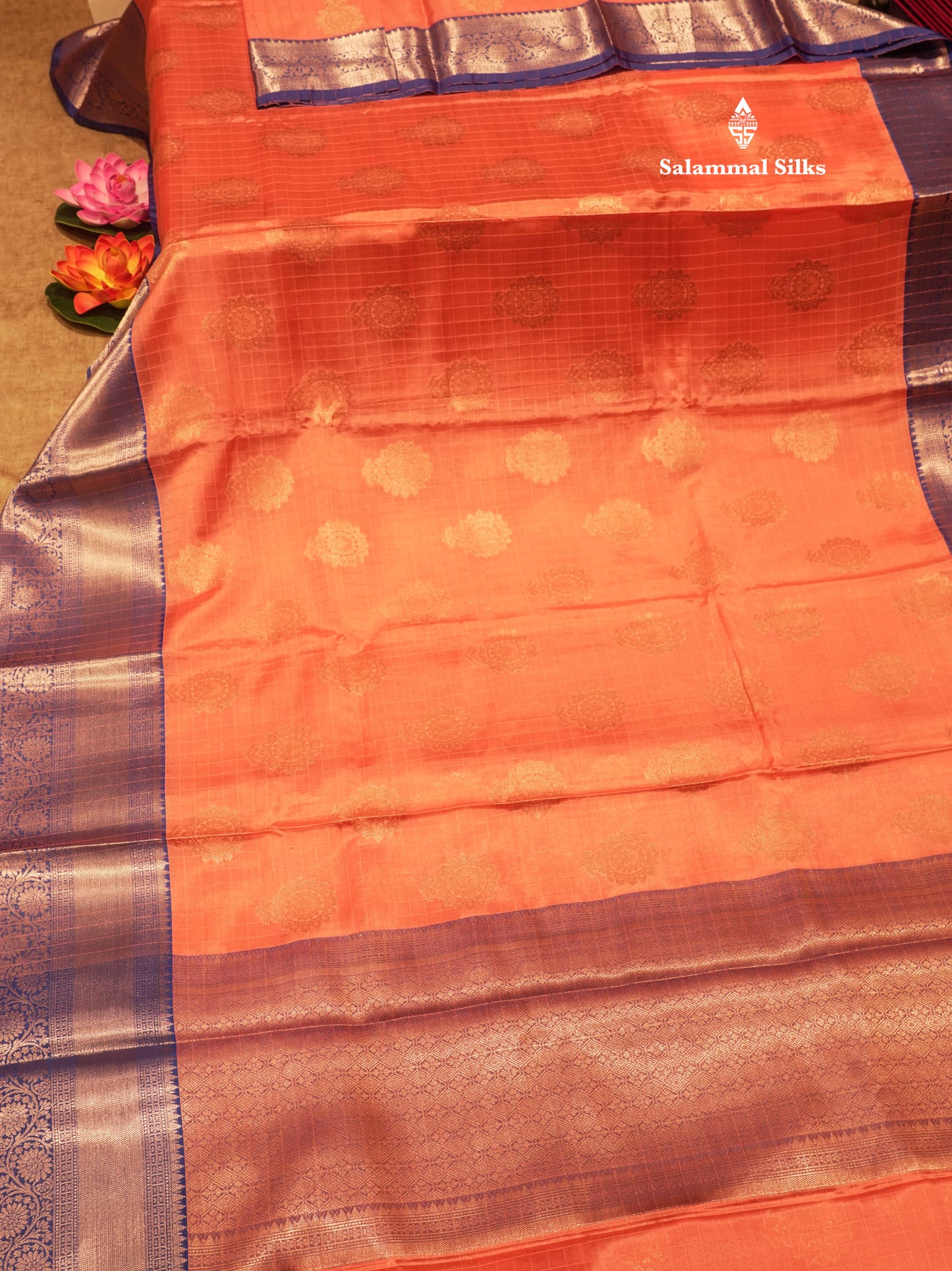Peach Colour Small Checks Semi Silk Saree With Royal Blue Border