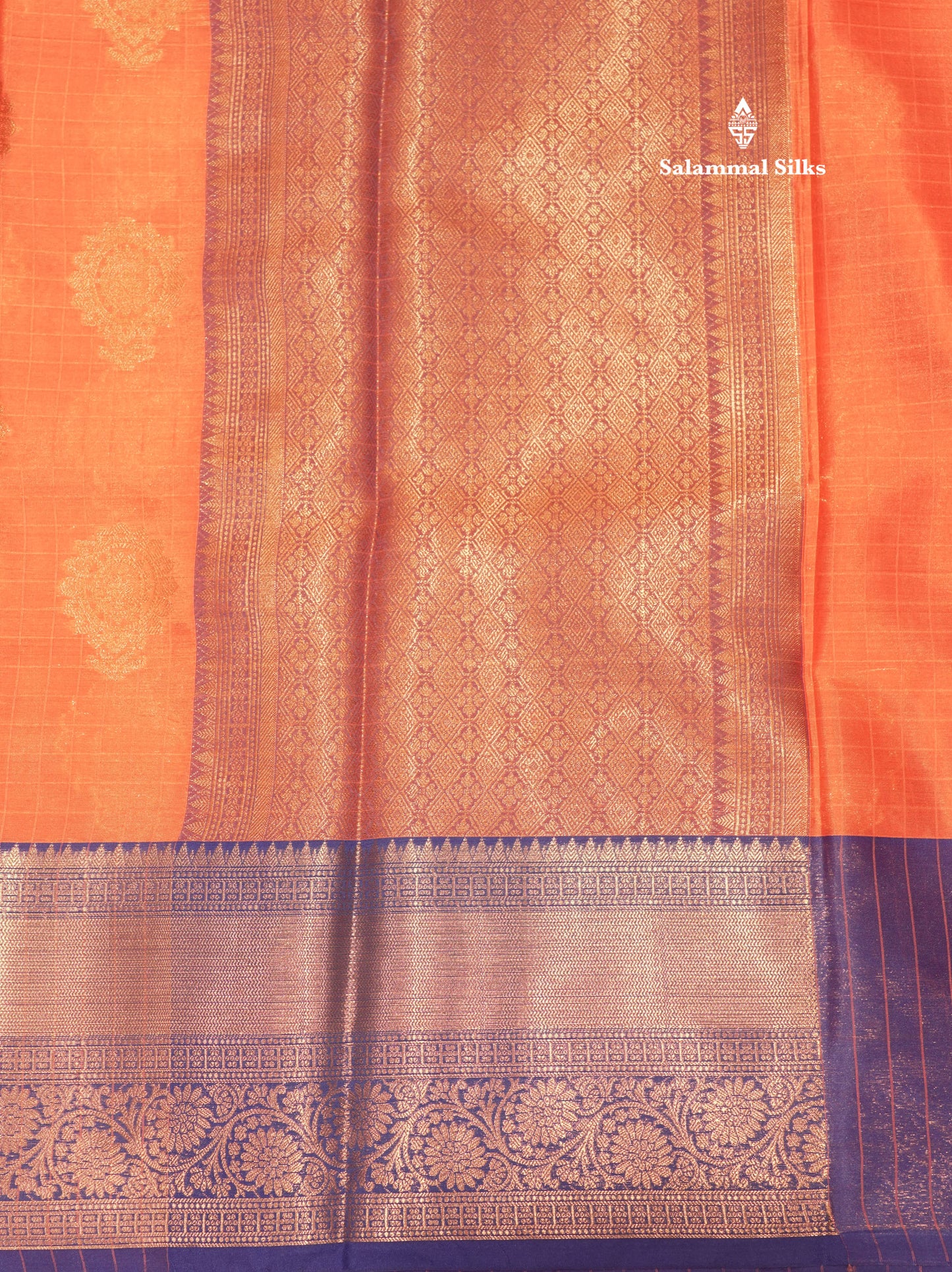 Peach Colour Small Checks Semi Silk Saree With Royal Blue Border