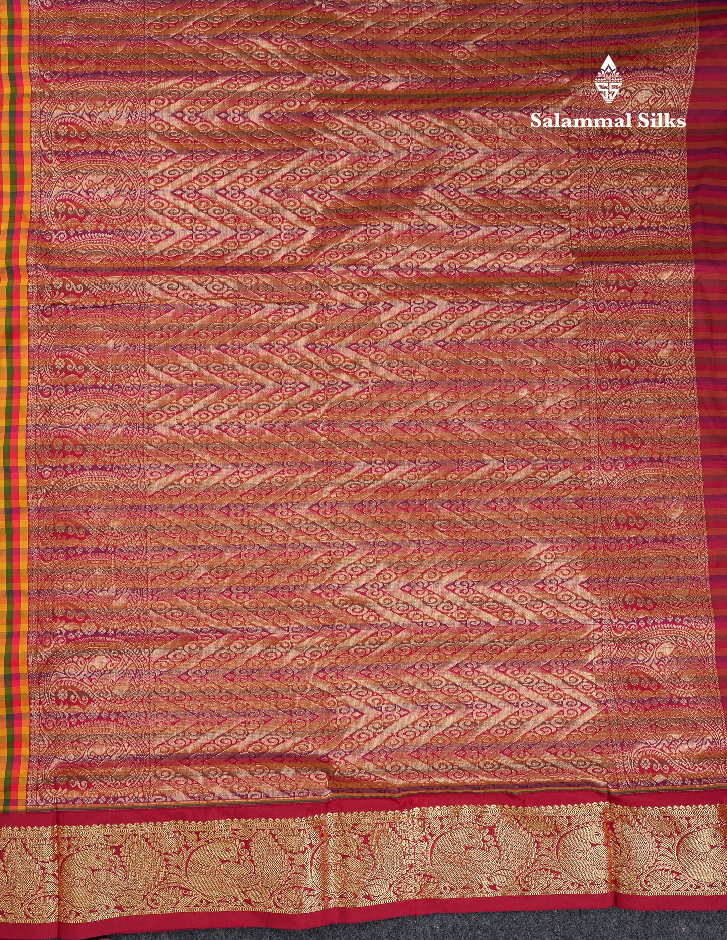 10.5 Yards Semi Silk Saree Paalum Pazham Checks With Contrast Maroon Traditional Border