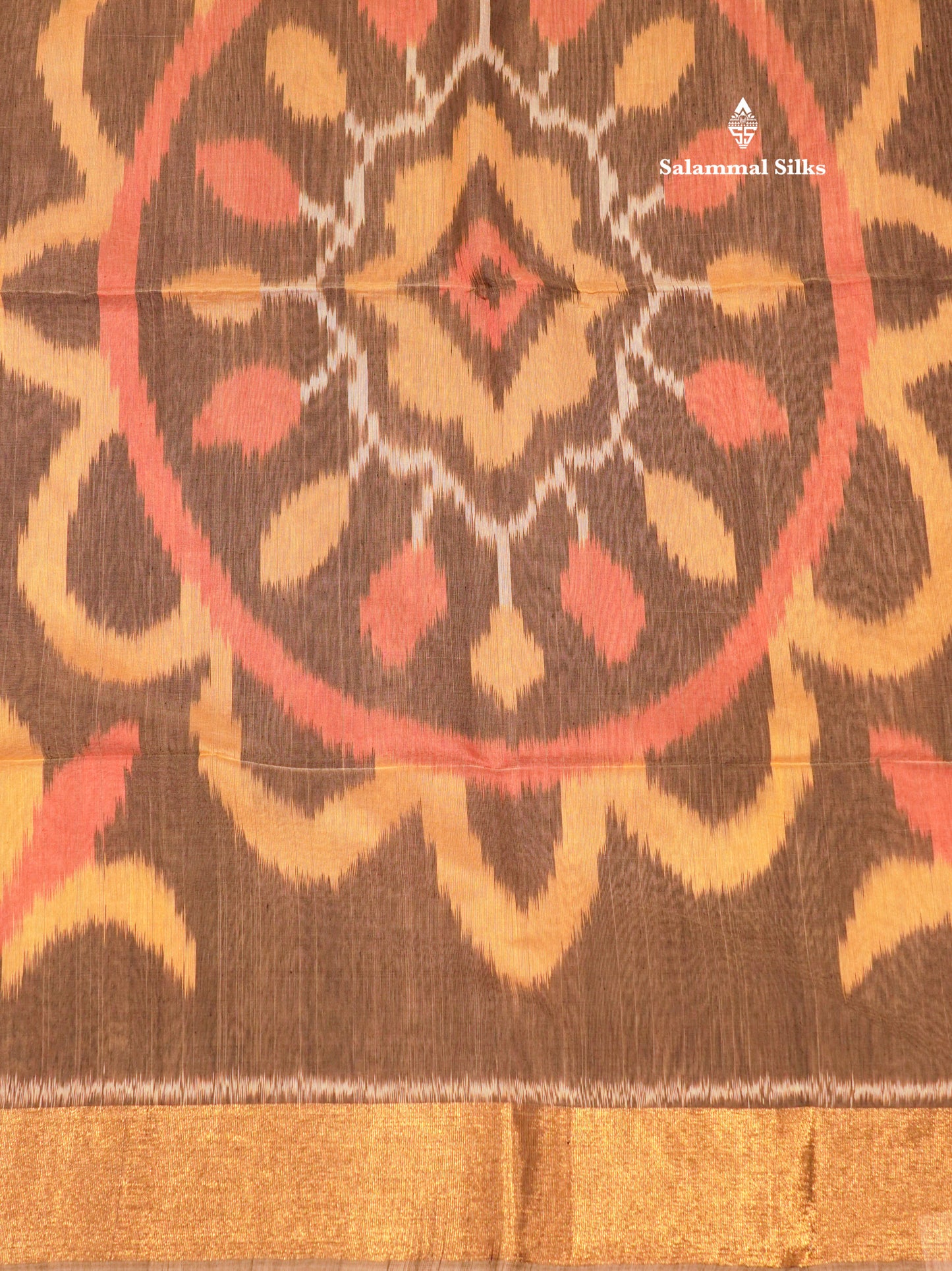 Premium Chocolate Colour Pochampalli Cotton Saree With Gold Zari Border