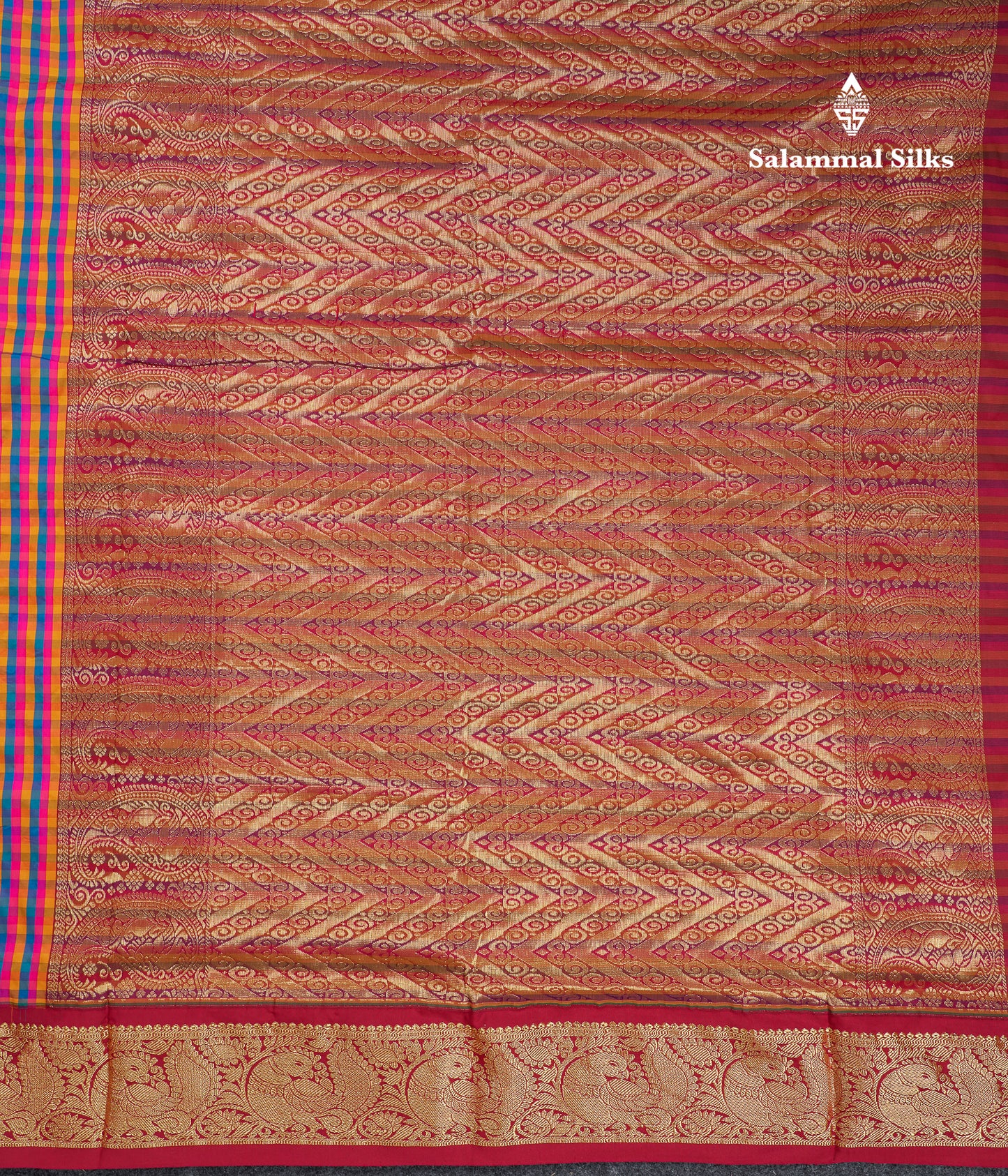 10.5 Yards Semi Silk Saree Paalum Pazham Checks With Contrast Maroon Traditional Border
