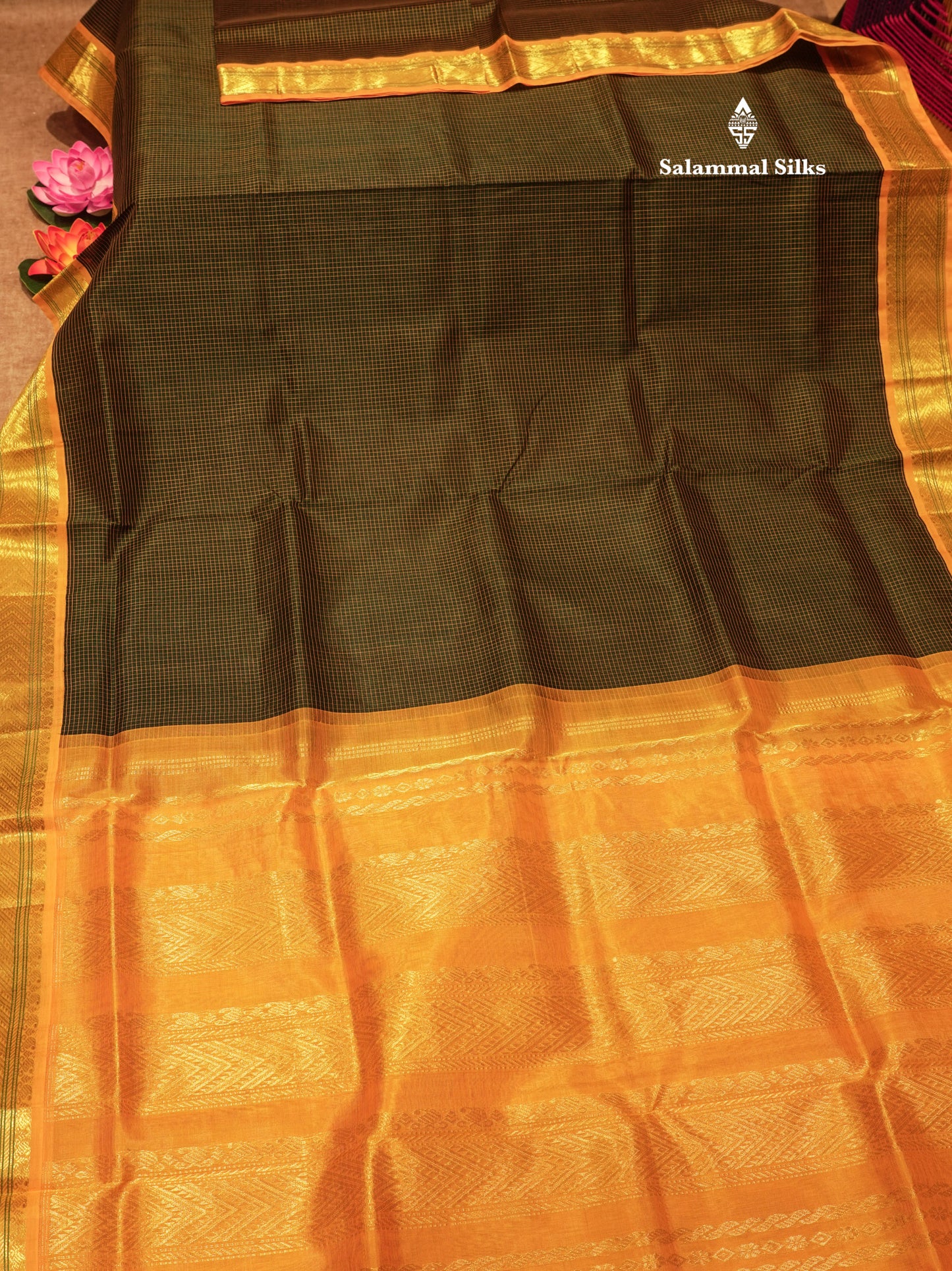 Bottle Green Colour Tiny Checks Pure Silk Cotton Saree With Contrast Yellow Border