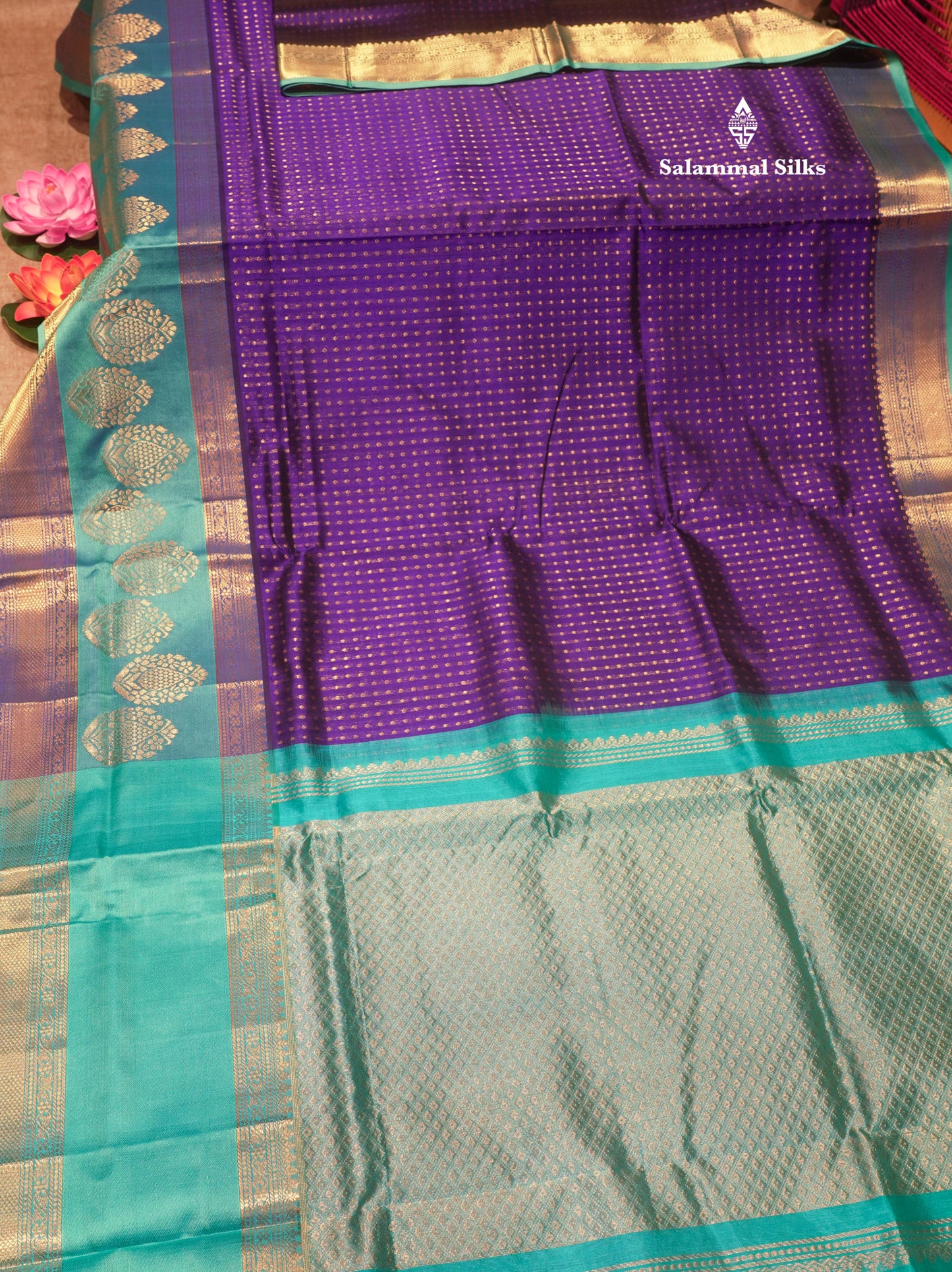 Violet Colour Pure Silk Cotton Saree With Contrast Sapphire Green Fancy Border
