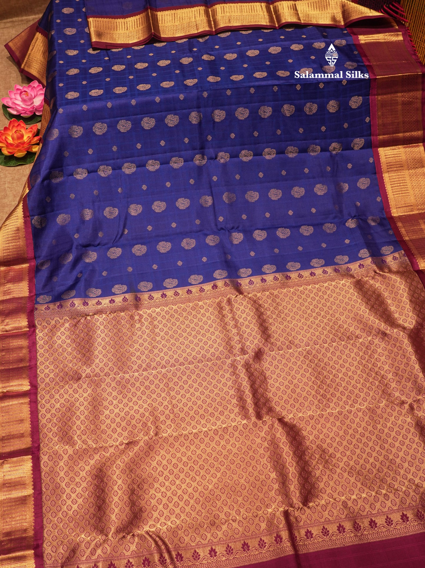 Blue Colour Pure Kanjivaram Silk Saree With Contrast Vadamalli Border