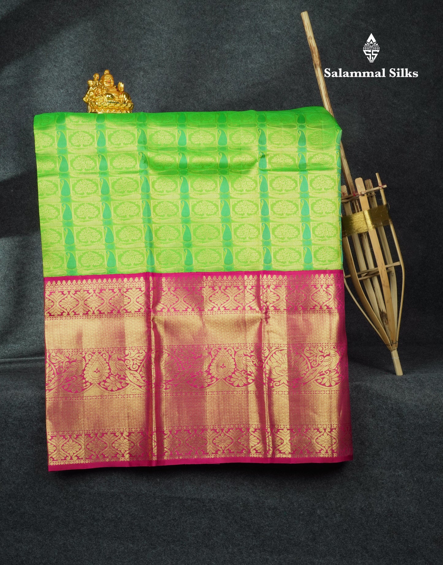 Pure Silk Pattu Pavadai (Green) With Magenta Blouse 44"