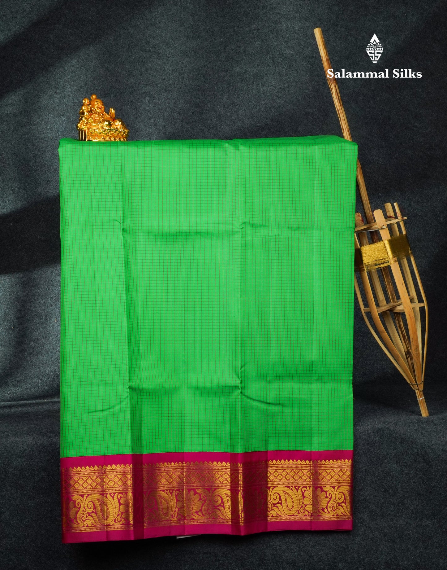 Pure Silk Pattu Pavadai Tiny Checks (Green) With Magenta Blouse 44"