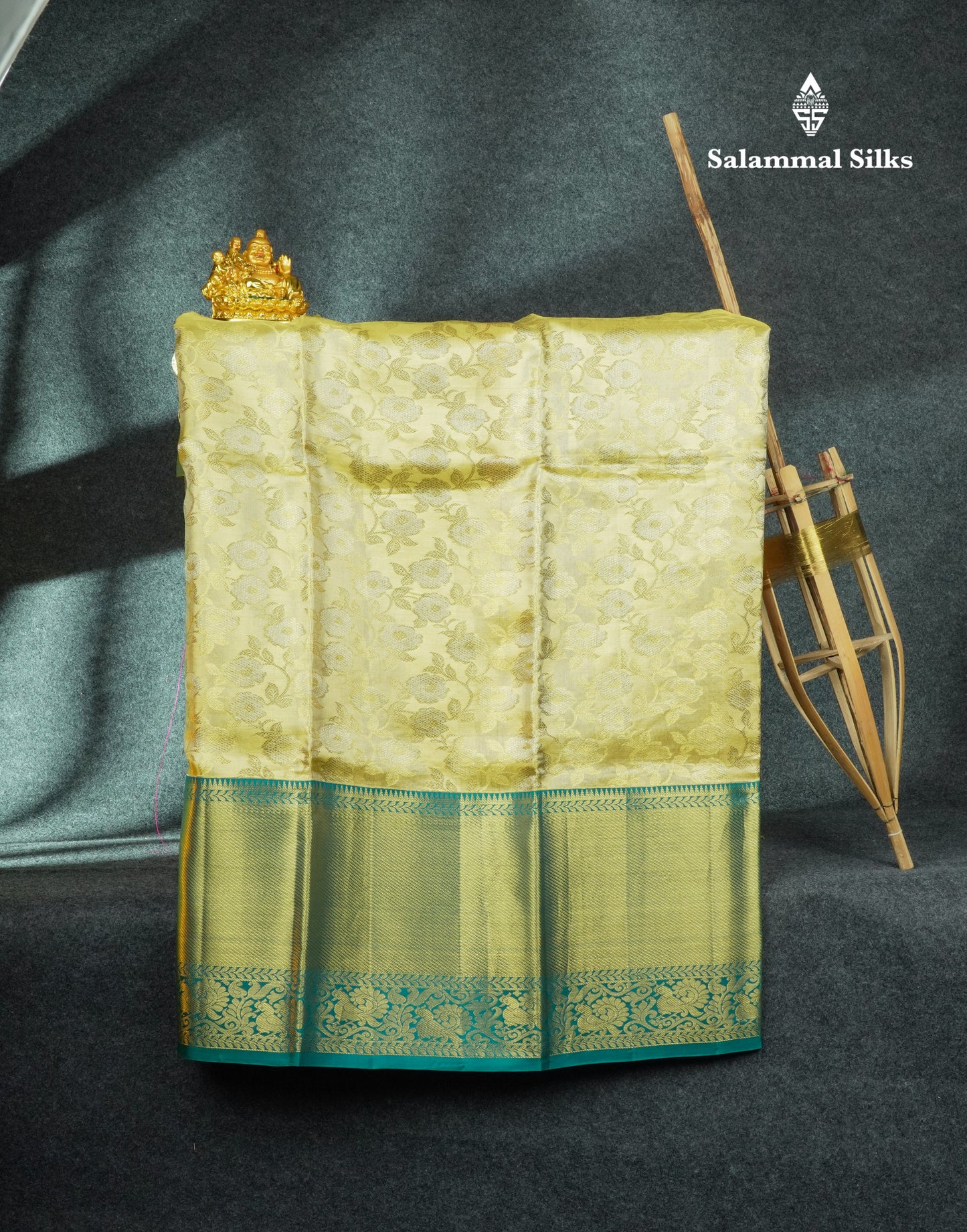 Pure Silk Pattu Pavadai Tissue (Gold) With Peacock Green Blouse 44"