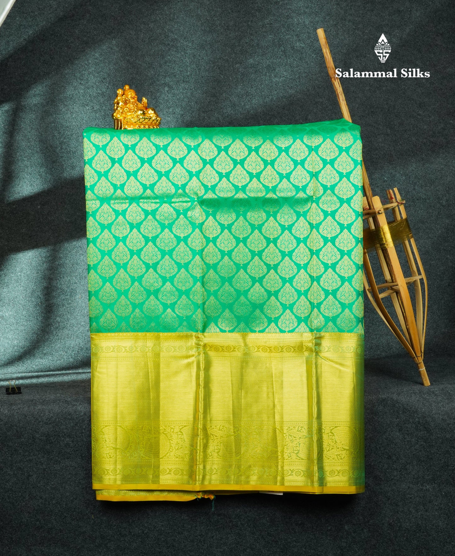 Pure Silk Pattu Pavadai (Saffire Green) With Manthulir Green Blouse 44"