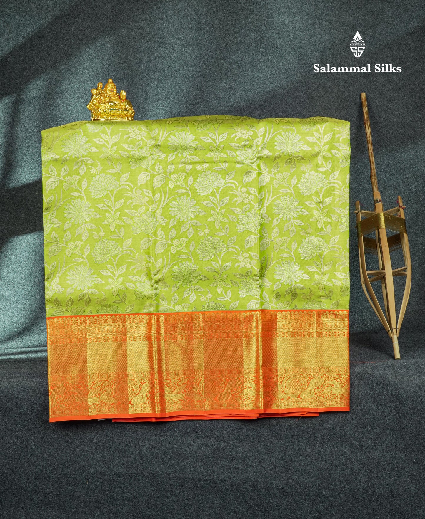 Pure Silk Pattu Pavadai Tissue (Parrot Green) With Orange Blouse 44"