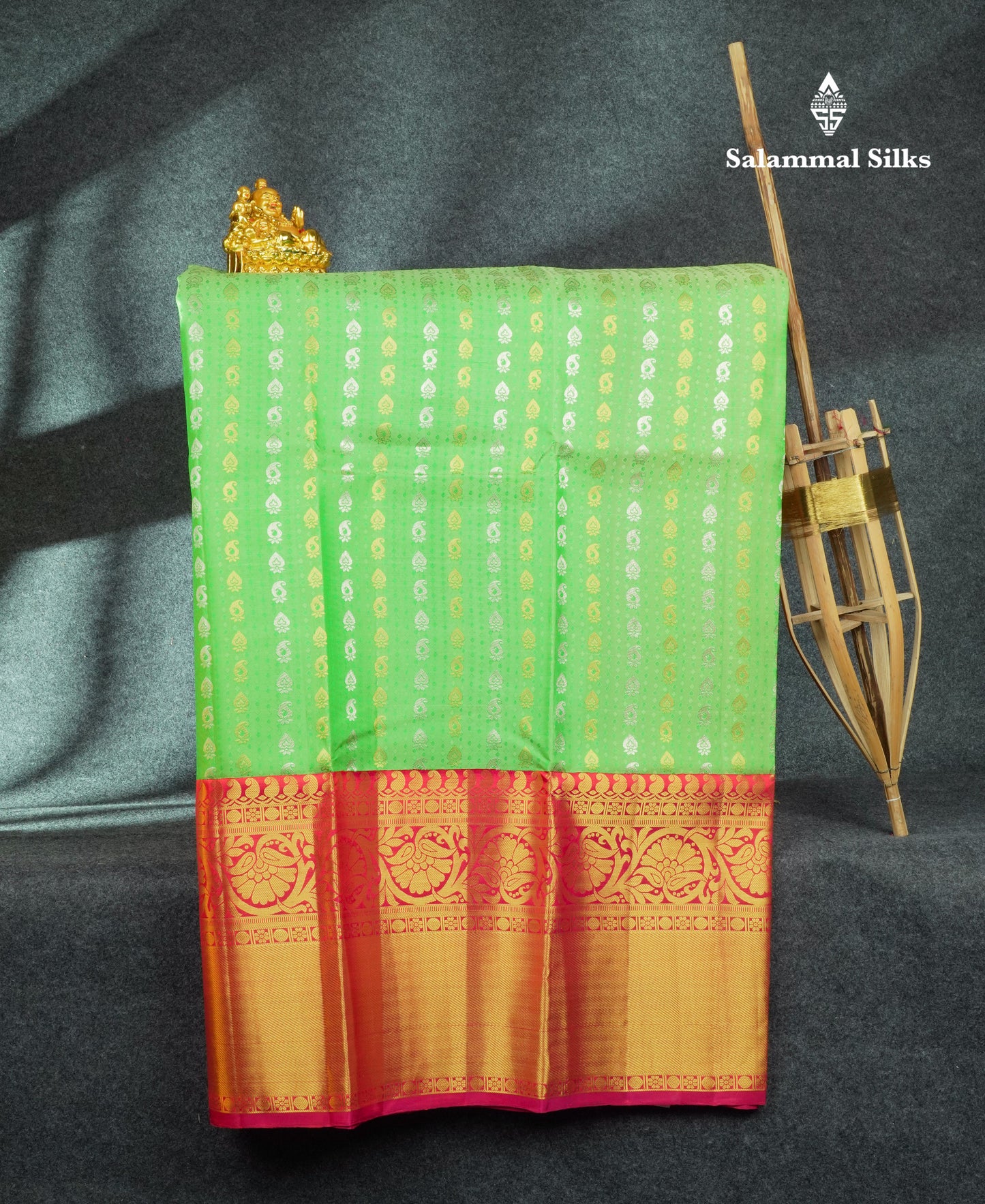 Pure Silk Pattu Pavadai (Parrot Green) With Pink Blouse 44"