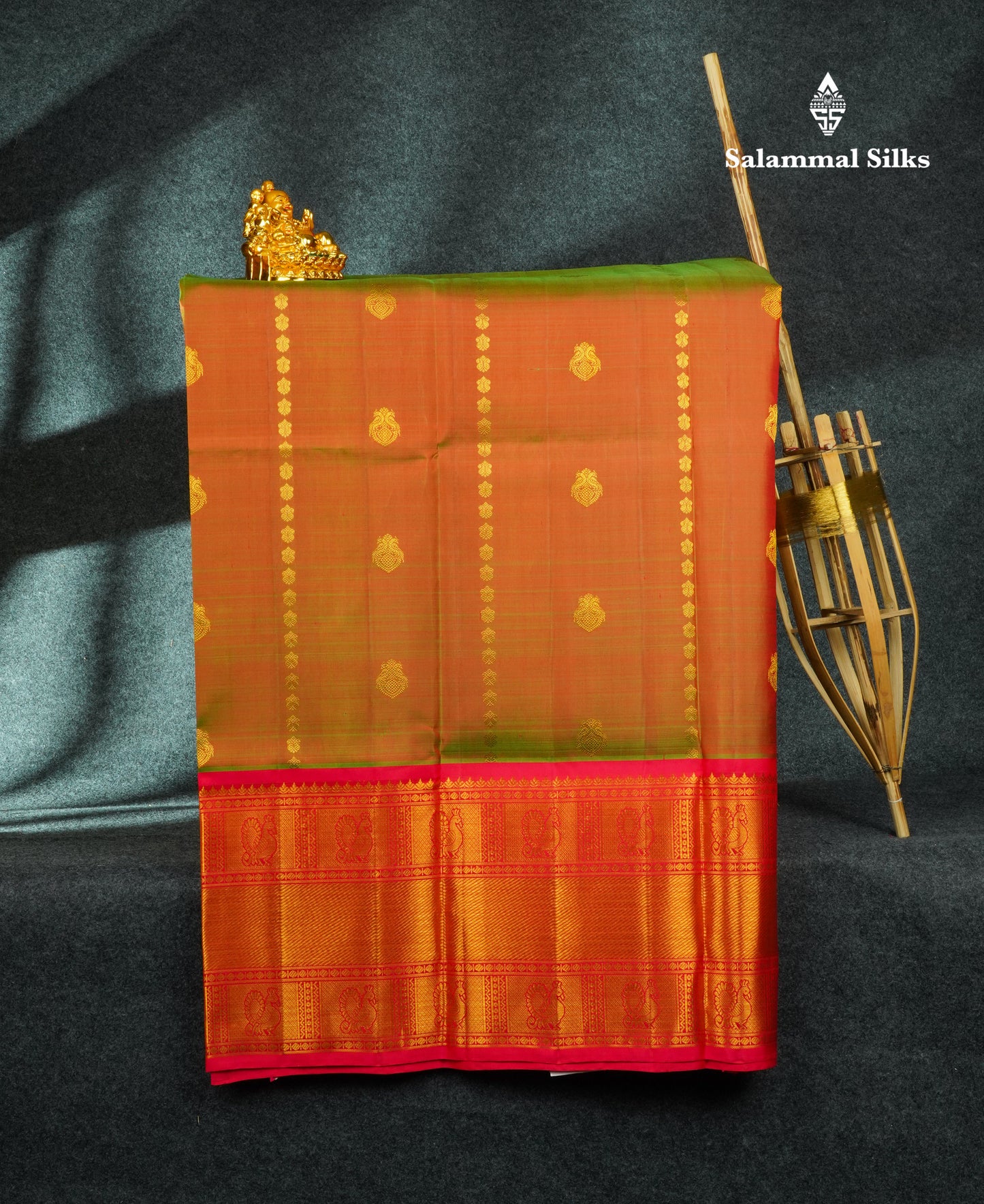 Dual Tone Pure Silk Pattu Pavadai (Brown & Green) With Pink Blouse 44"