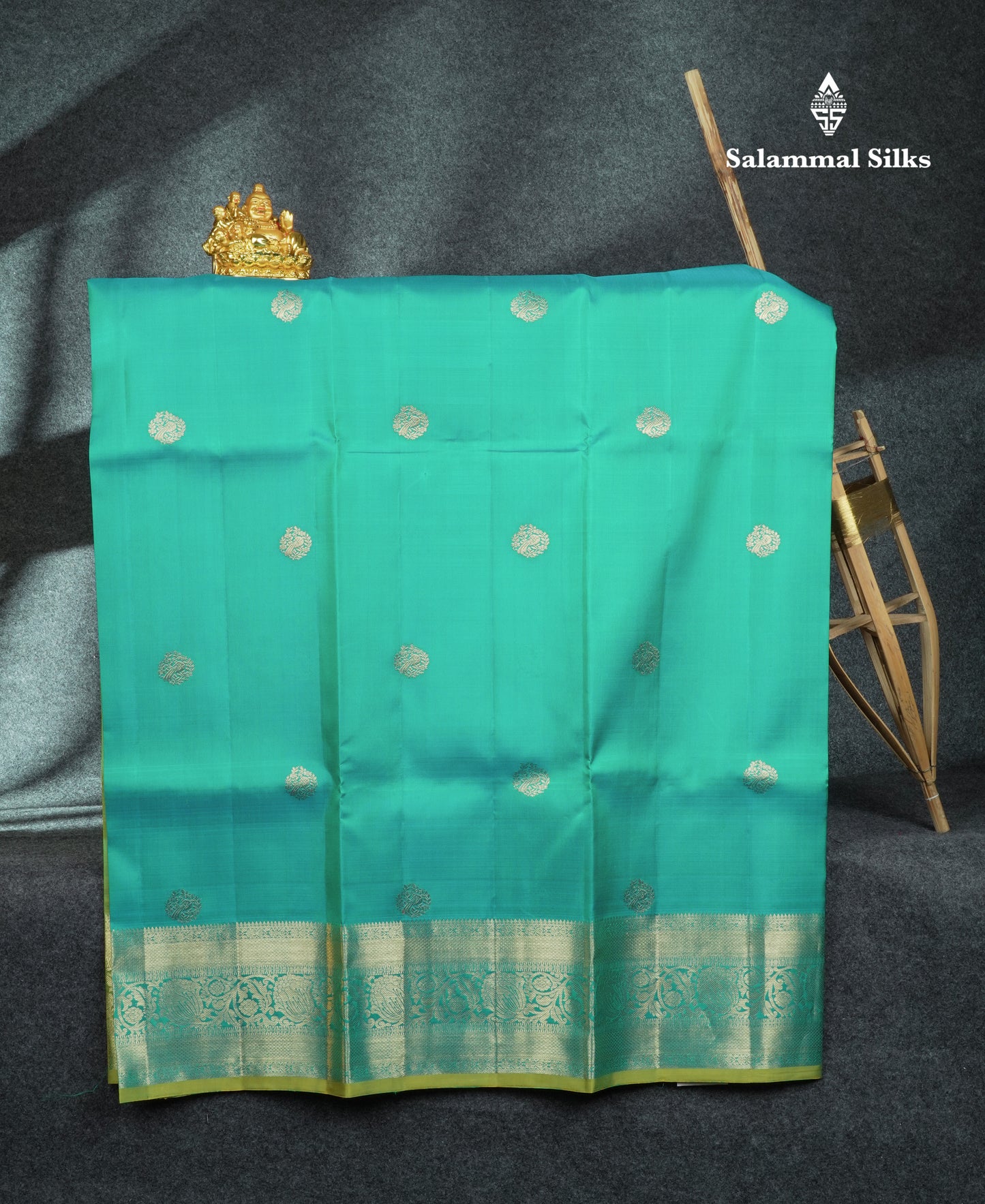 Pure Silk Pattu Pavadai (Sapphire Green) With Manthulir Green Blouse 44"