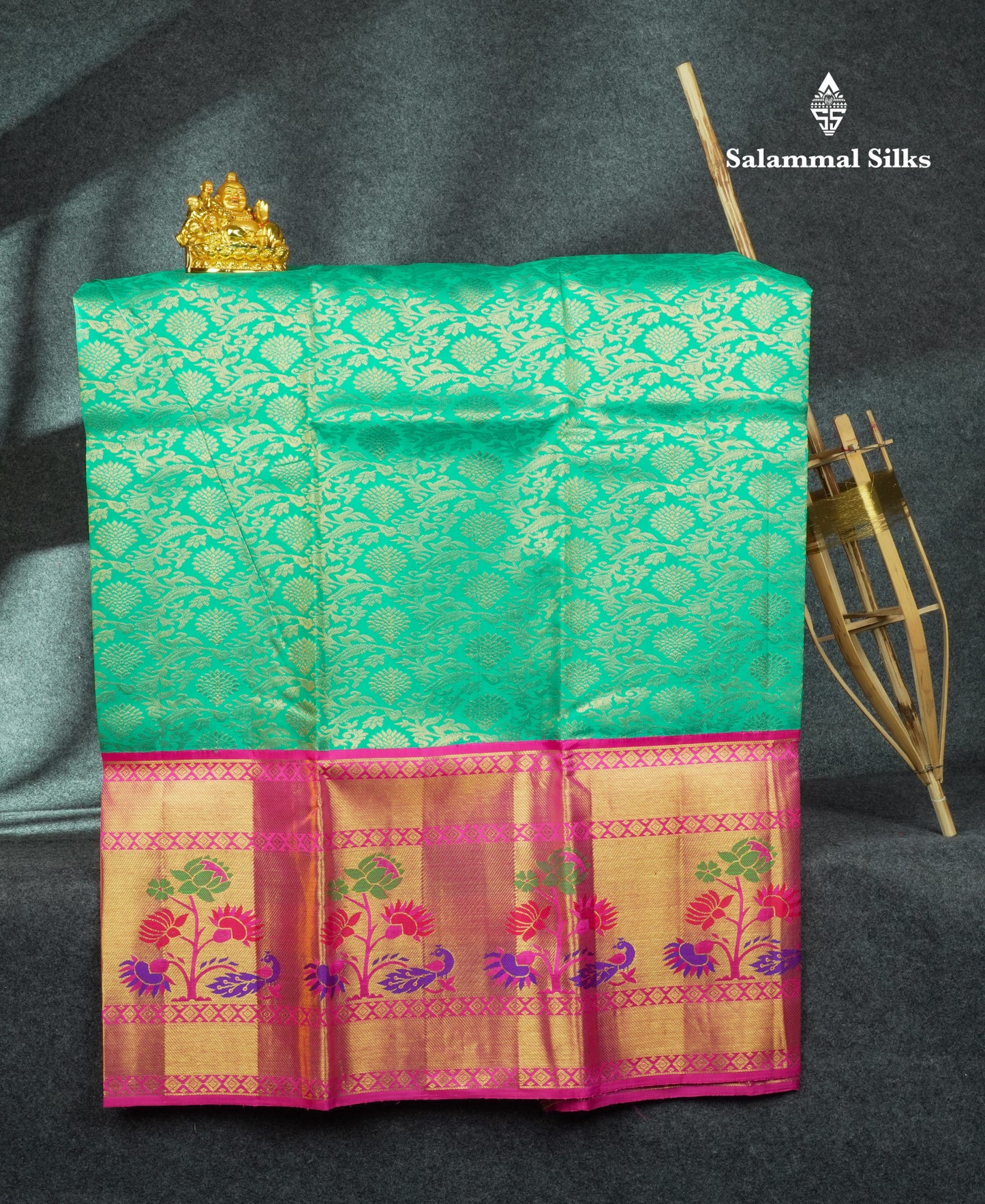 Pure Silk Pattu Pavadai (Sapphire Green) With Magenta Pink Blouse 44"