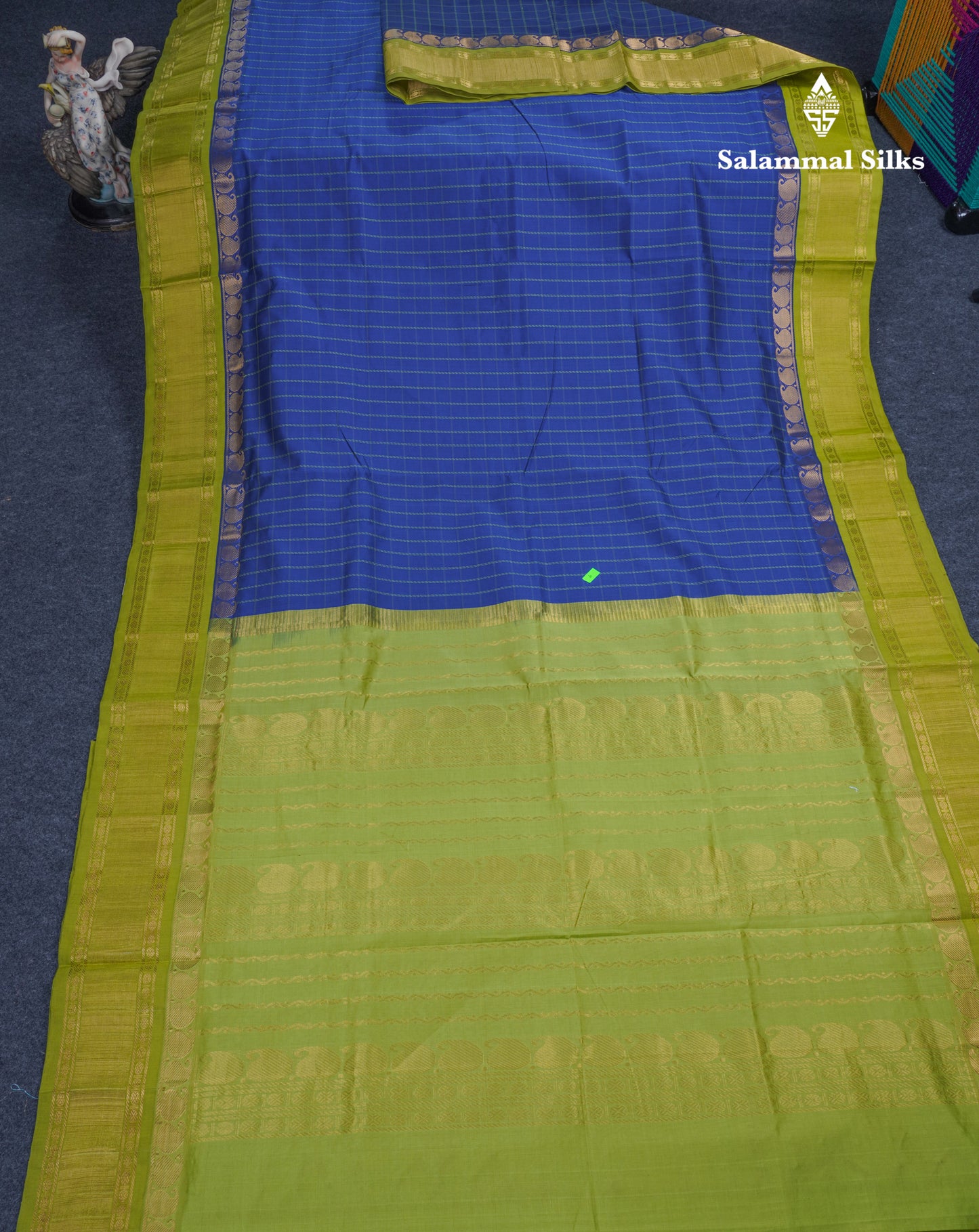 Blue Checks Semi Silk Cotton Saree With Contrast Parrot Green Traditional Border