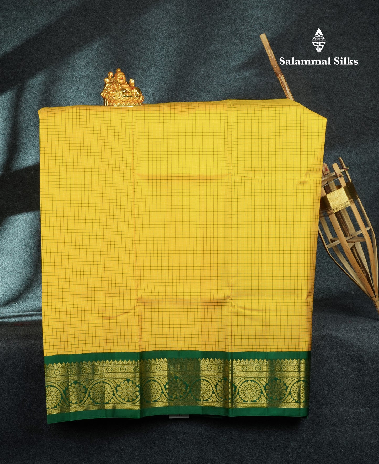 Pure Silk Pattu Pavadai Tiny Checks (Yellow) With Bottle Green Blouse 44"