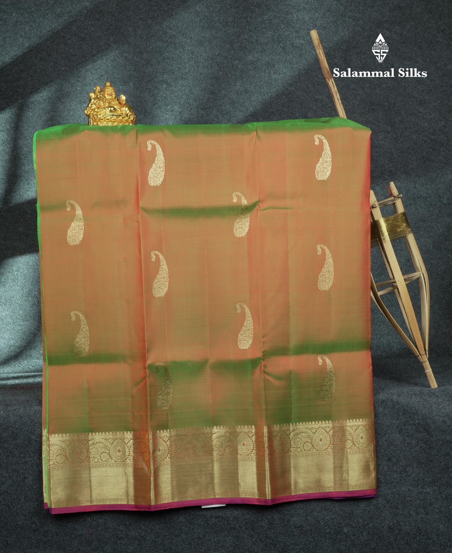 Dual Tone Pure Silk Pattu Pavadai (Brown & Green) With Purple Blouse 44"